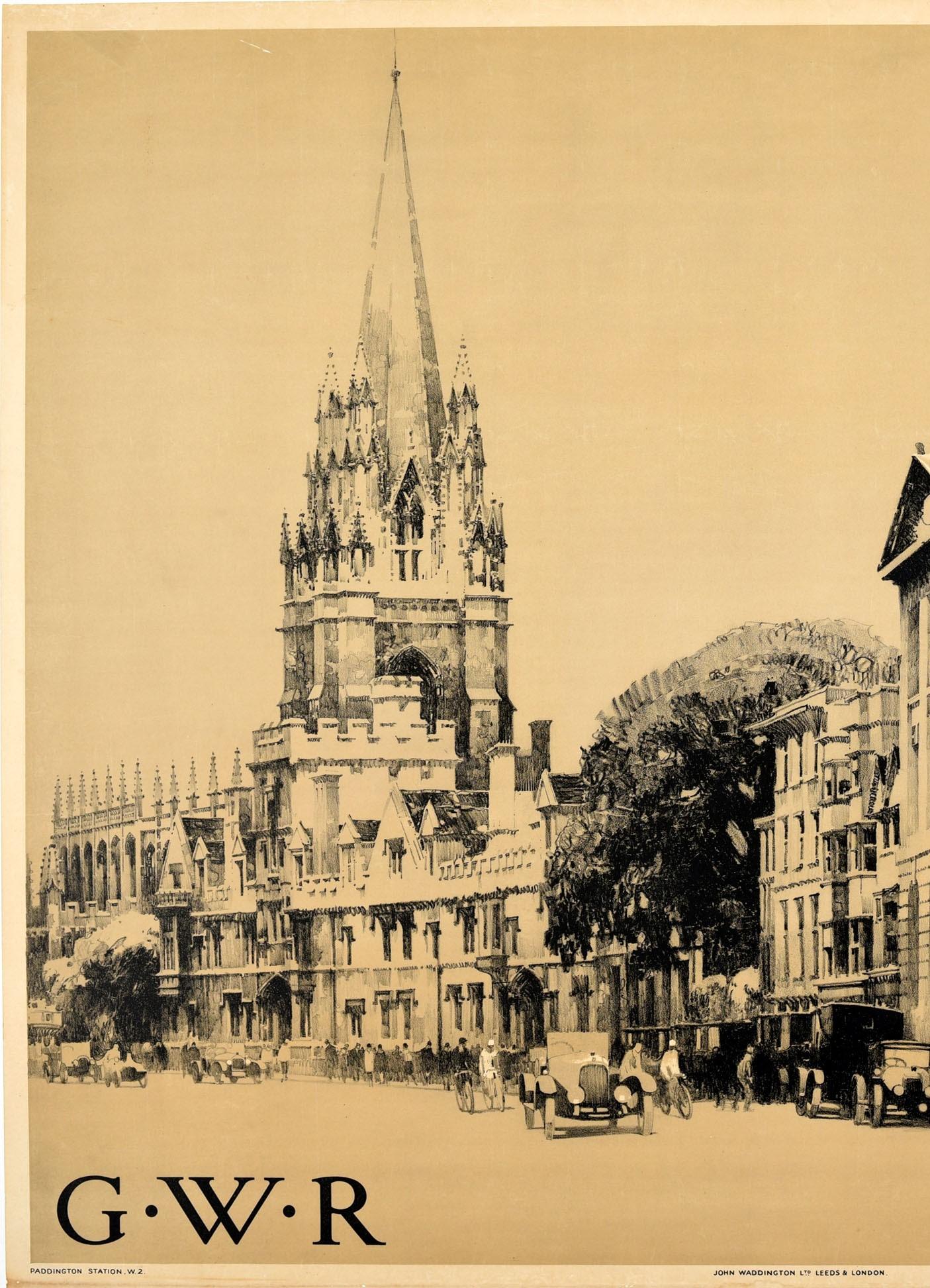 Original vintage railway poster published by GWR Great Western Railway featuring a stunning sketch illustration by Fred Taylor (1875-1963) of the Oxford University Church of St Mary the Virgin depicting people walking by the trees and grand historic