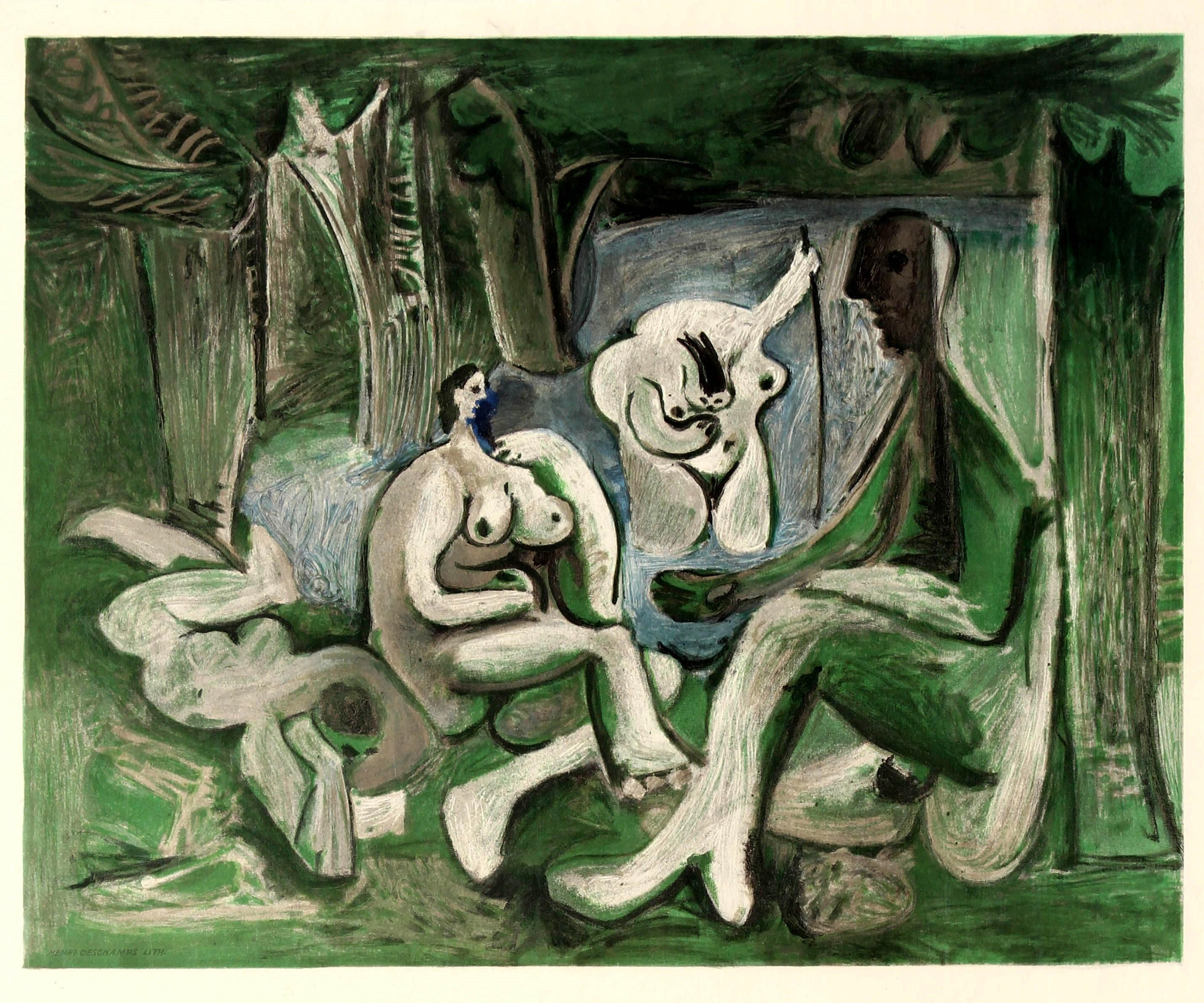 Affiche publicitaire d'époque pour une exposition d'œuvres du célèbre artiste et sculpteur espagnol Pablo Picasso (1881-1973) intitulée Le Déjeuner sur l'Herbe / Luncheon on the Grass 1960-1961 à la Galerie Louise Leiris 47 Rue de Monceau du 6 juin