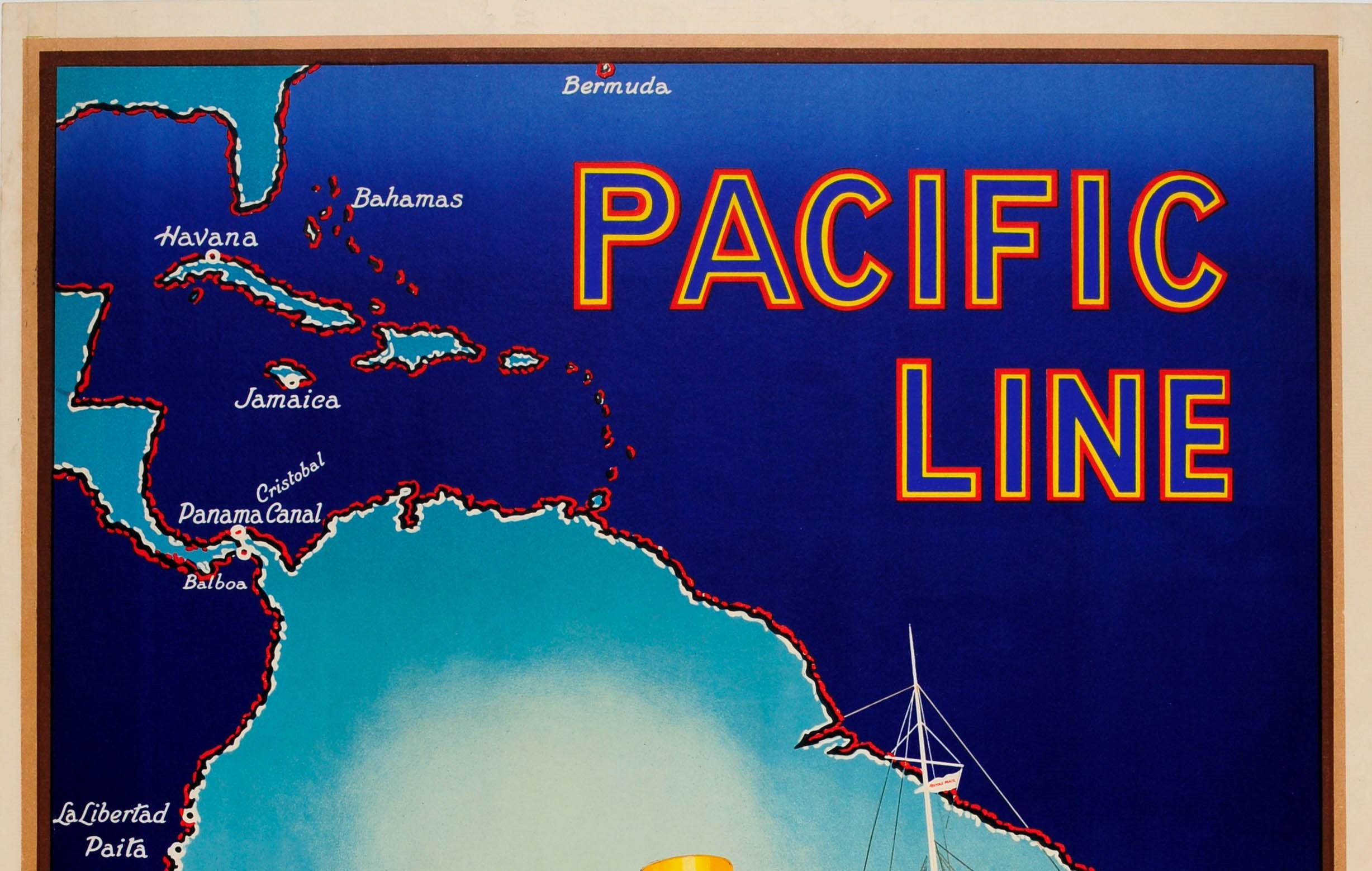 Original vintage Pacific Line poster advertising. The Sunshine Route to South America - Europe Bermuda Bahamas Havana Jamaica Panama Canal - The Pacific Steam Navigation Co., Liverpool or principal passenger agents. Great image featuring a cruise