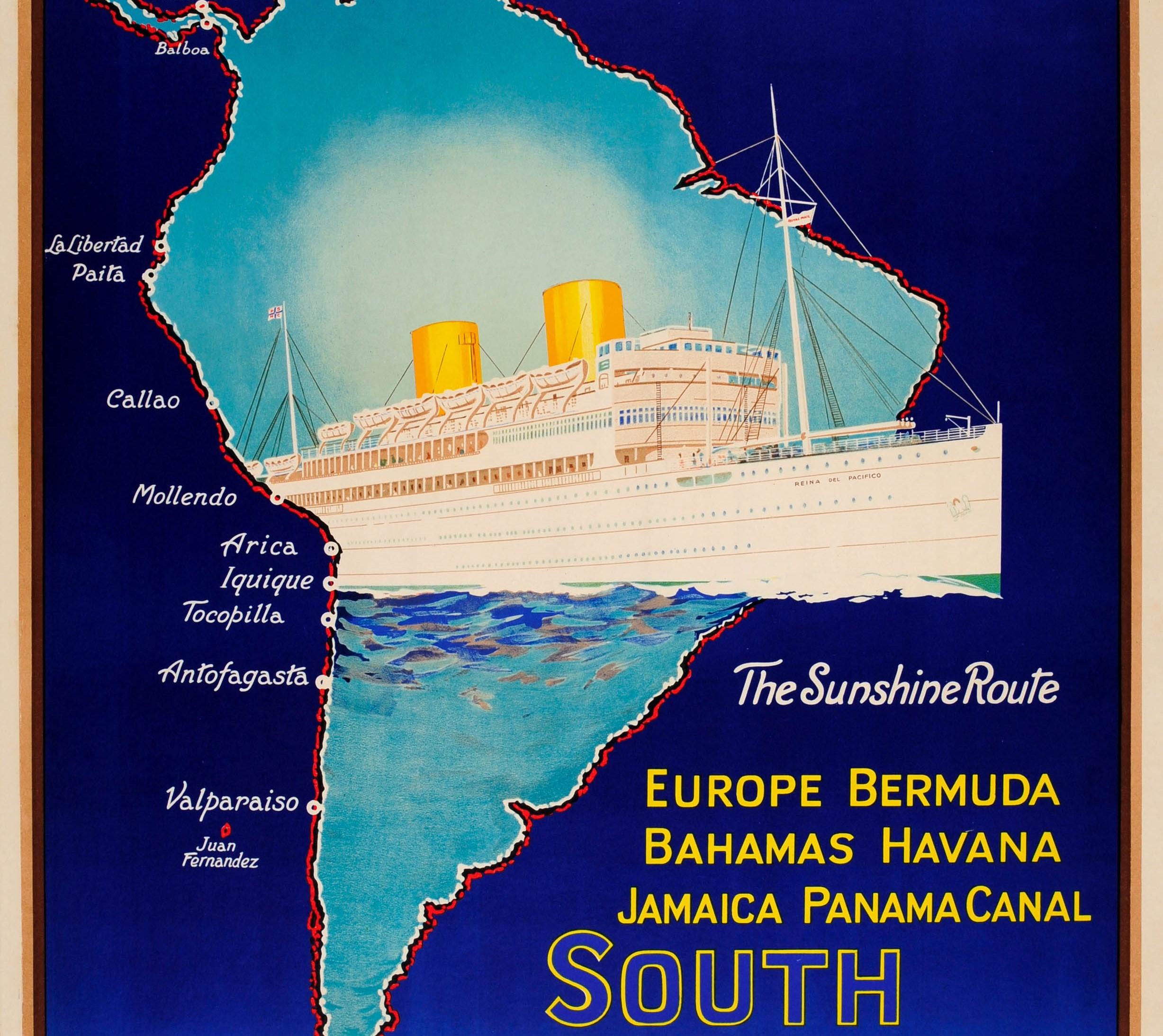 British Original Vintage Pacific Line Cruise Ship Poster Sunshine Route to South America