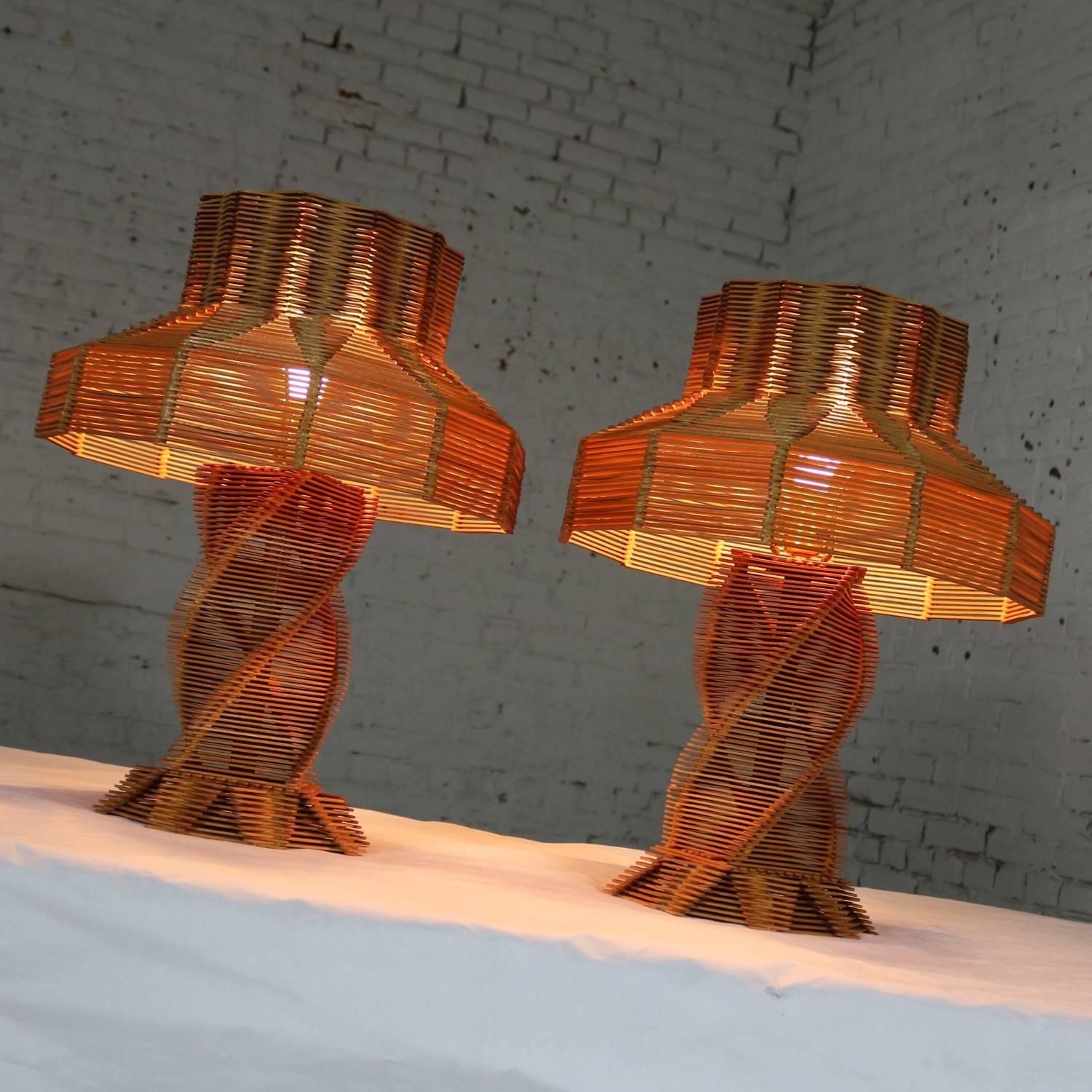 Folk Art Original Vintage Pair of Folk Tramp Art Popsicle Stick Lamps