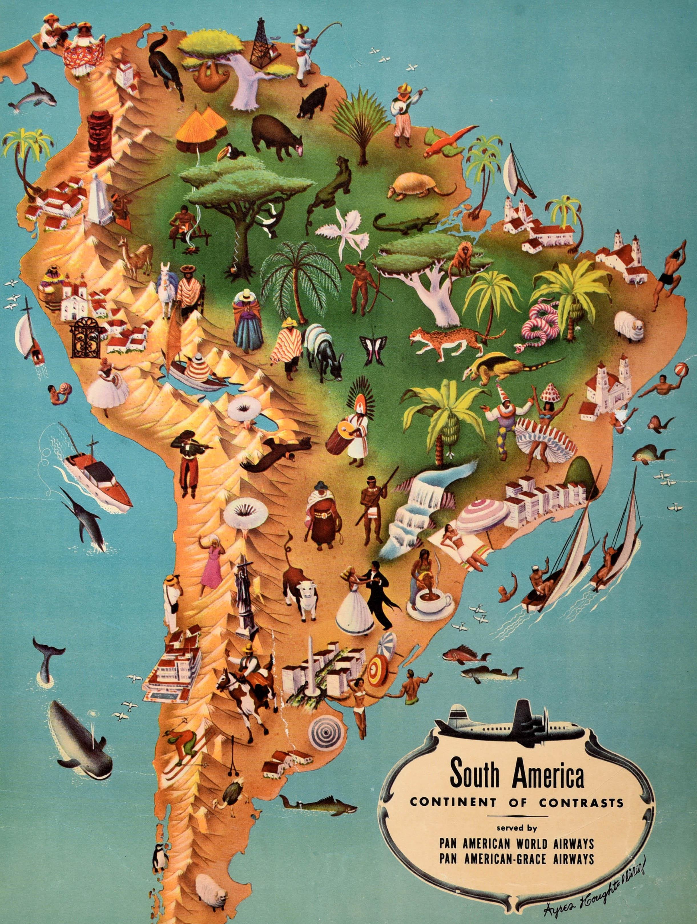 Poster pubblicitario d'epoca della Pan Am - Sud America Continente dei Contrasti servito da Pan American World Airways e Pan American Grace Airways - con una mappa pittorica di Ayres Houghteling (1912 - 2006) con illustrazioni di turisti e delle