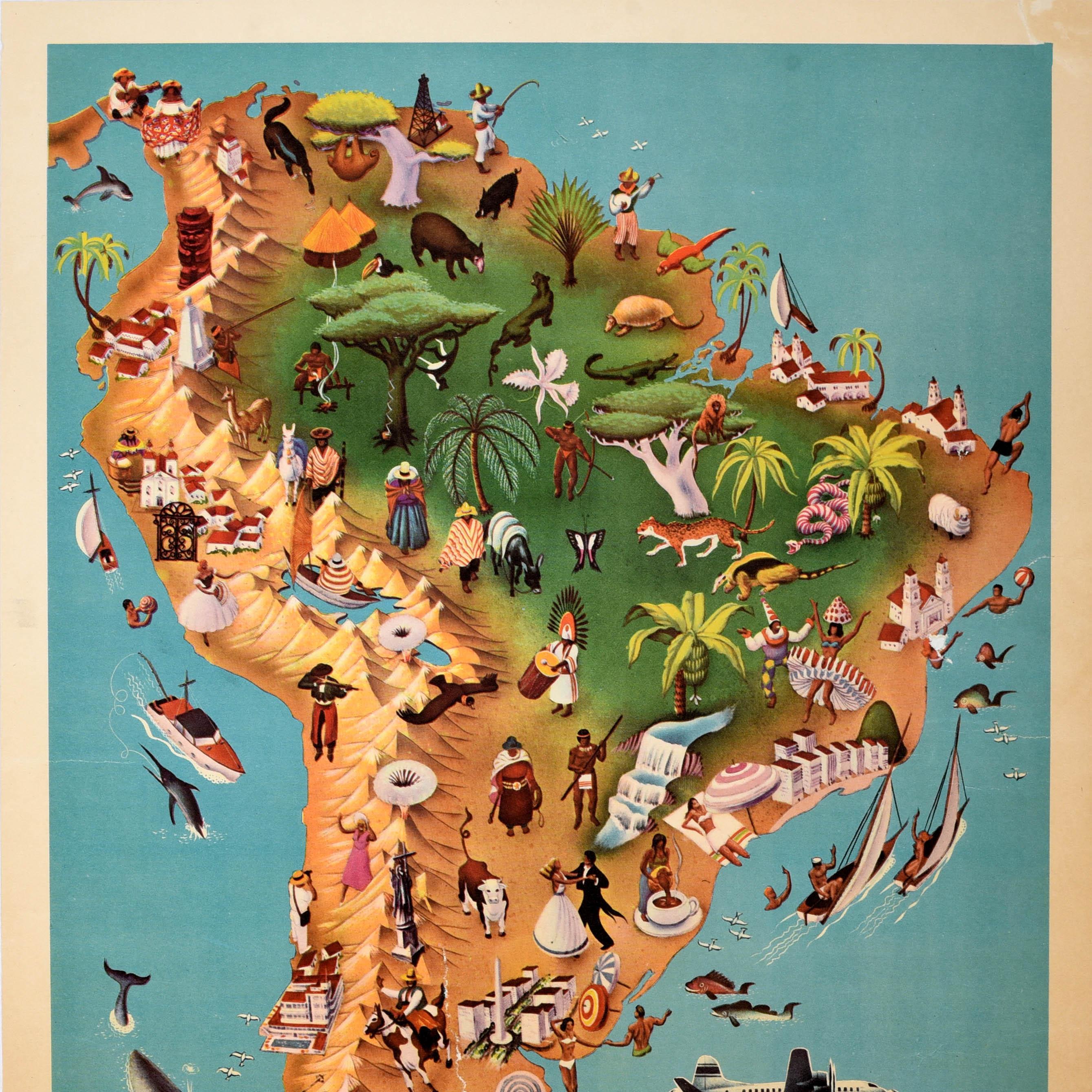 Américain Affiche rétro originale d'une carte de voyage Pan Am d'Amérique du Sud, Continent des contrastes en vente