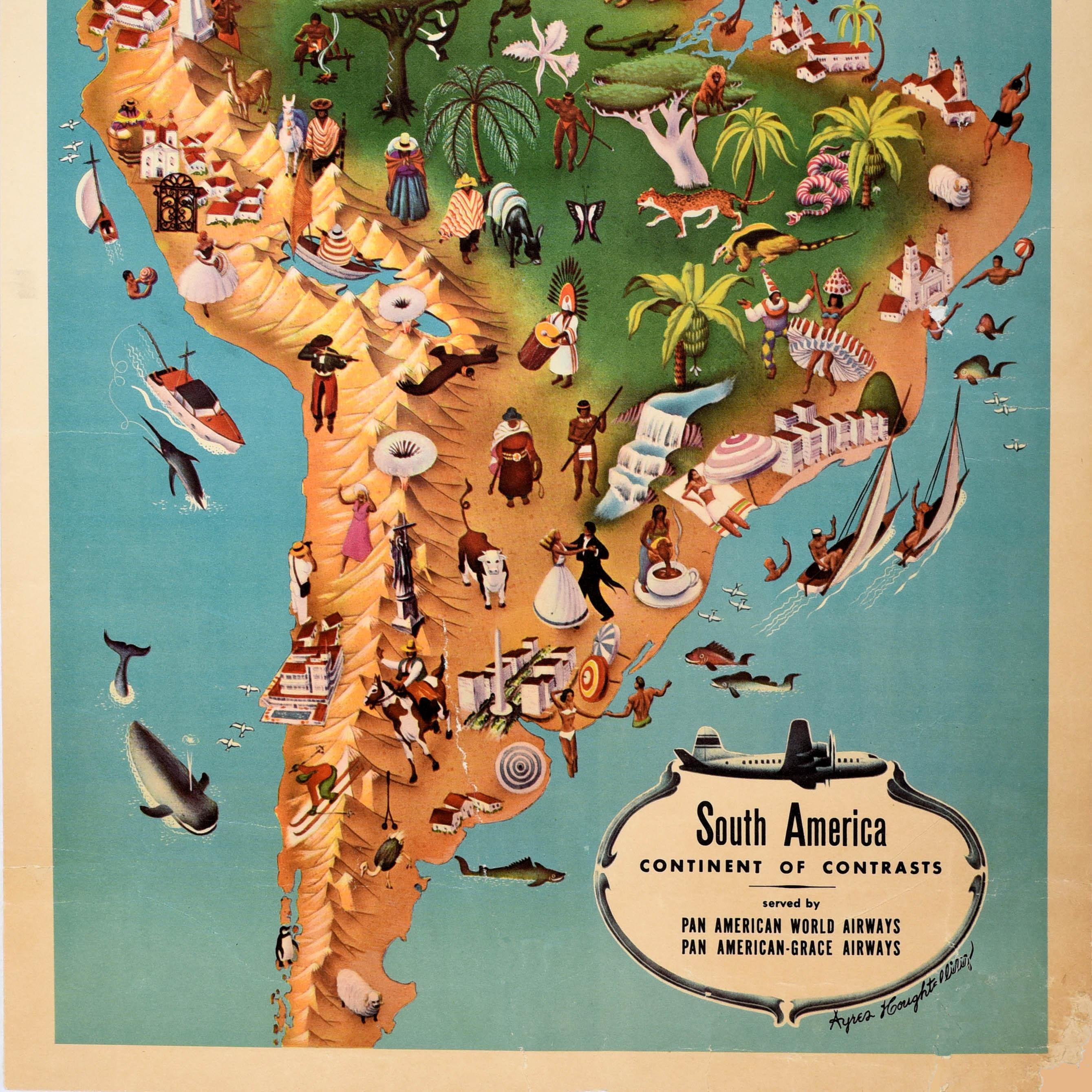 Affiche rétro originale d'une carte de voyage Pan Am d'Amérique du Sud, Continent des contrastes Bon état - En vente à London, GB