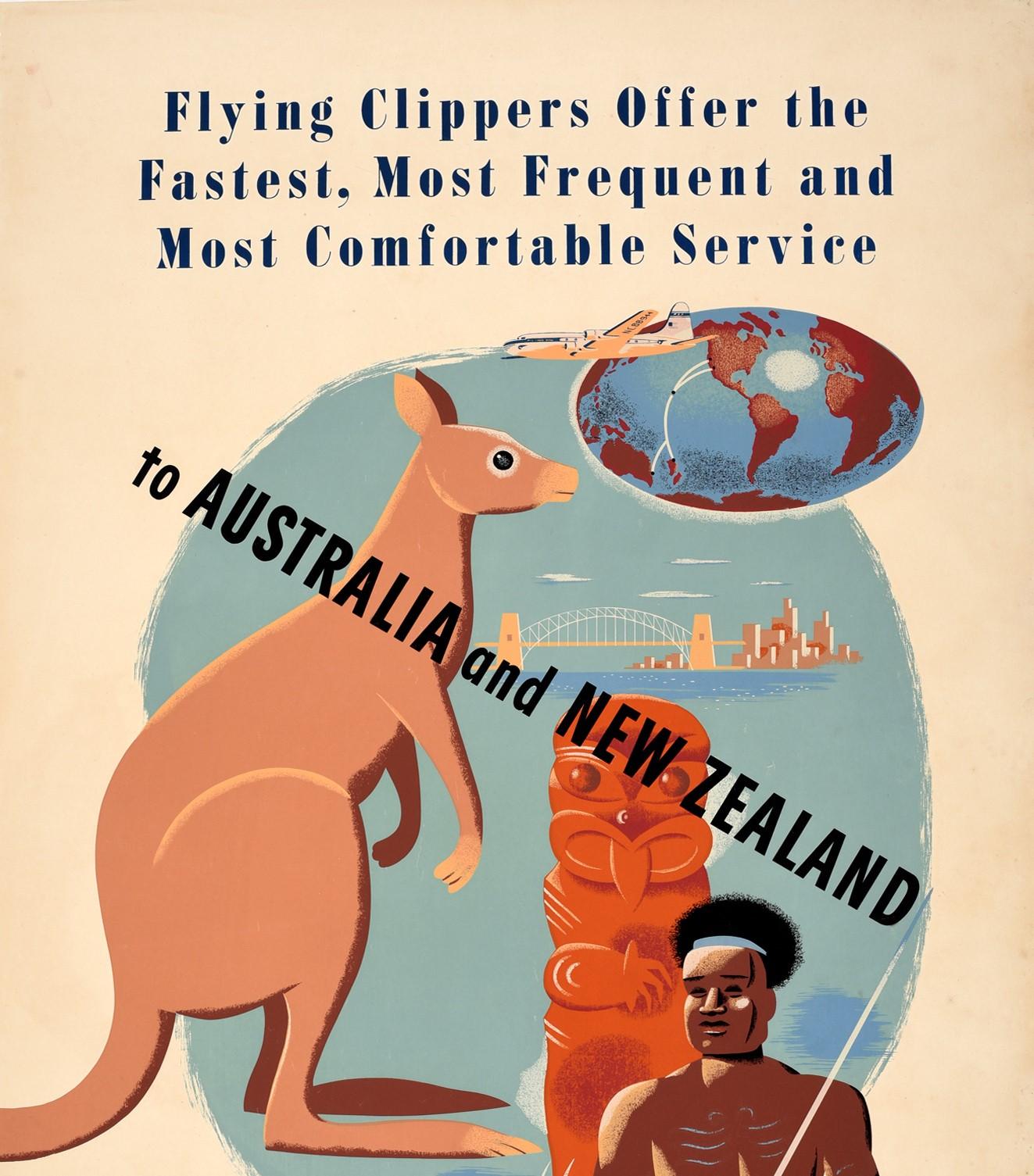Original vintage Pan Am travel poster - to Australia and New Zealand PAA Pan American World Airways The World's Most Experienced Airline - featuring a great design by Jean Carlu (1900-1997) of a kangaroo and an aboriginal man next to a Pouwhenua /