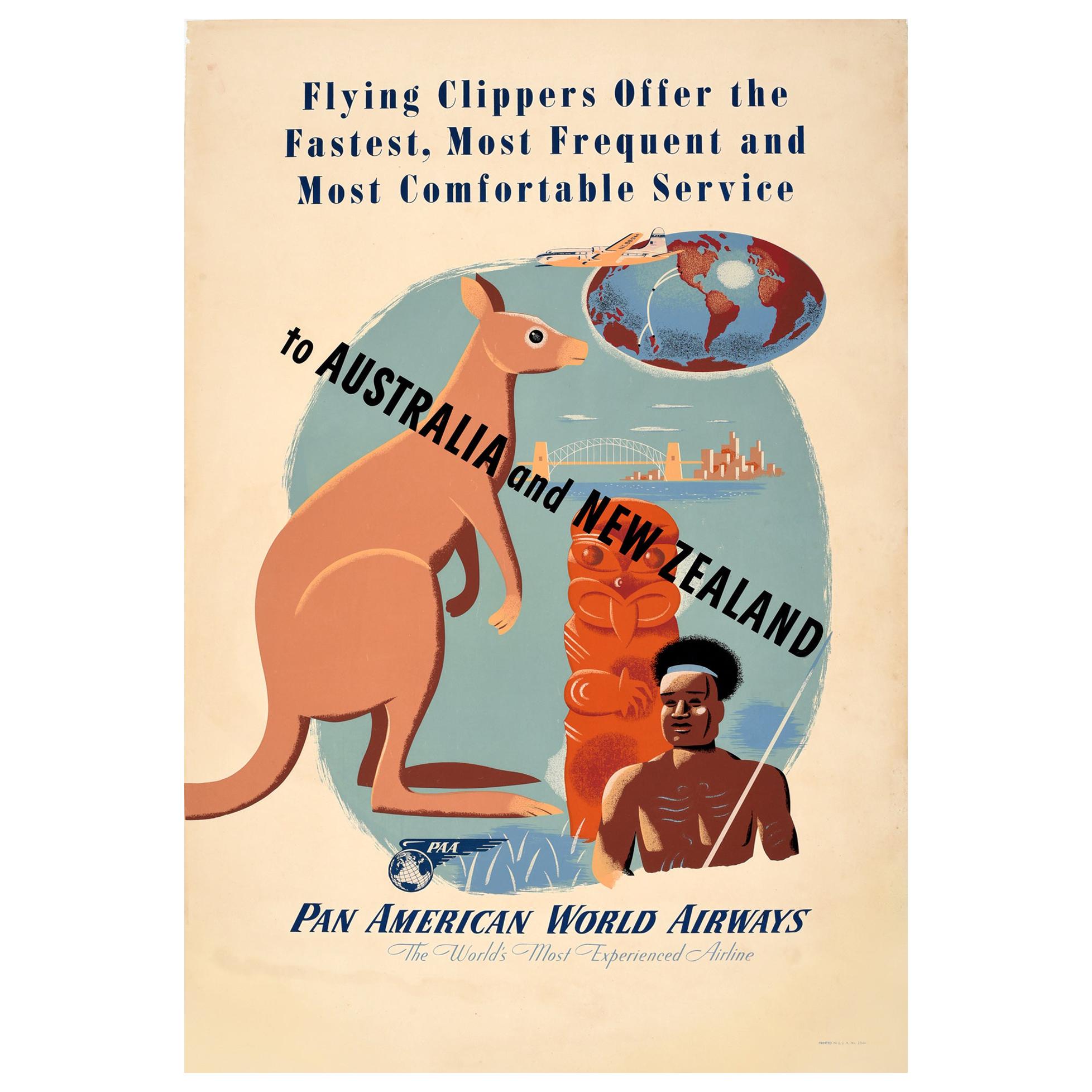 Affiche vintage originale de voyage Pan Am en Australie et en Nouvelle-Zélande, Pan American en vente