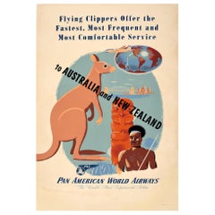 Affiche vintage originale de voyage Pan Am en Australie et en Nouvelle-Zélande, Pan American