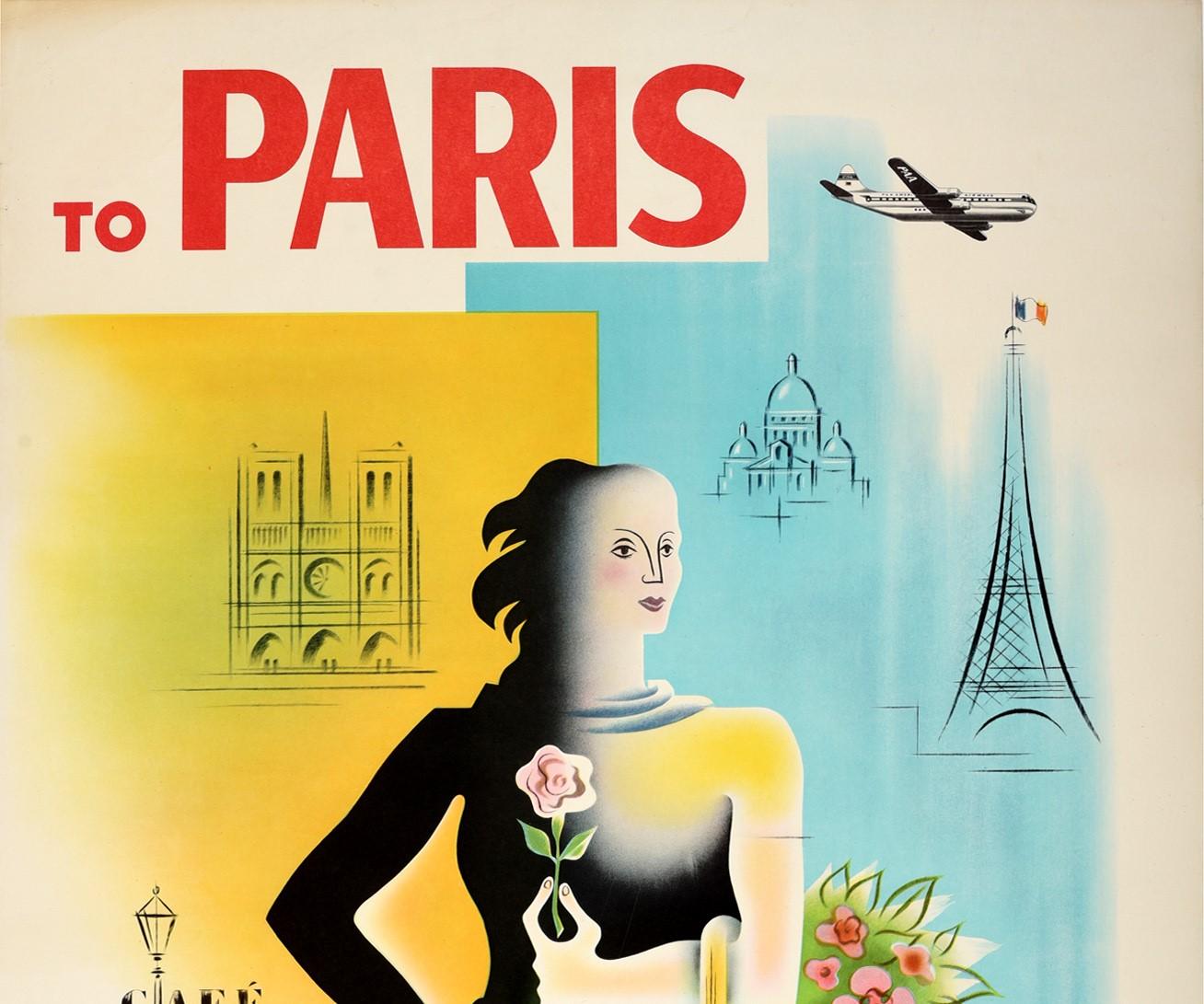 Affiche de voyage vintage originale - To Paris Pan American World's Most Experienced Airline - présentant un dessin coloré de Jean Carlu (1900-1997) représentant une dame tenant un panier de fleurs et une rose dans sa main avec des illustrations de