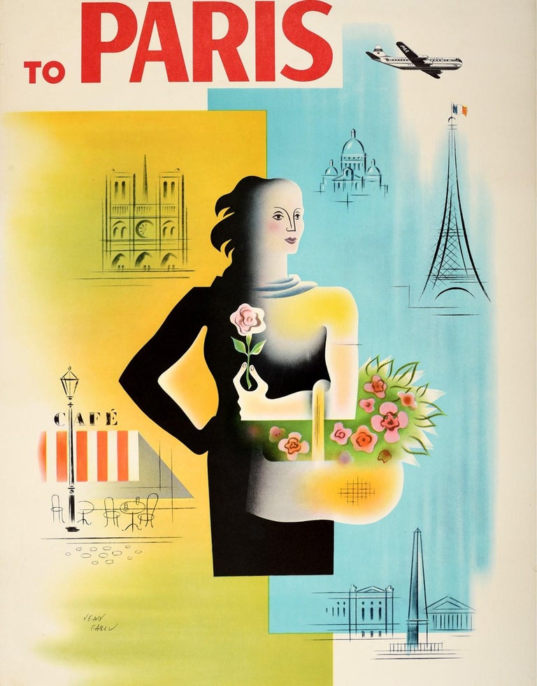 Mid-20th Century Original Vintage Pan American Poster To Paris France Pan Am Airline Travel Art For Sale
