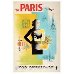 Original Vintage Pan American Poster To Paris France Pan Am Airline Travel Art