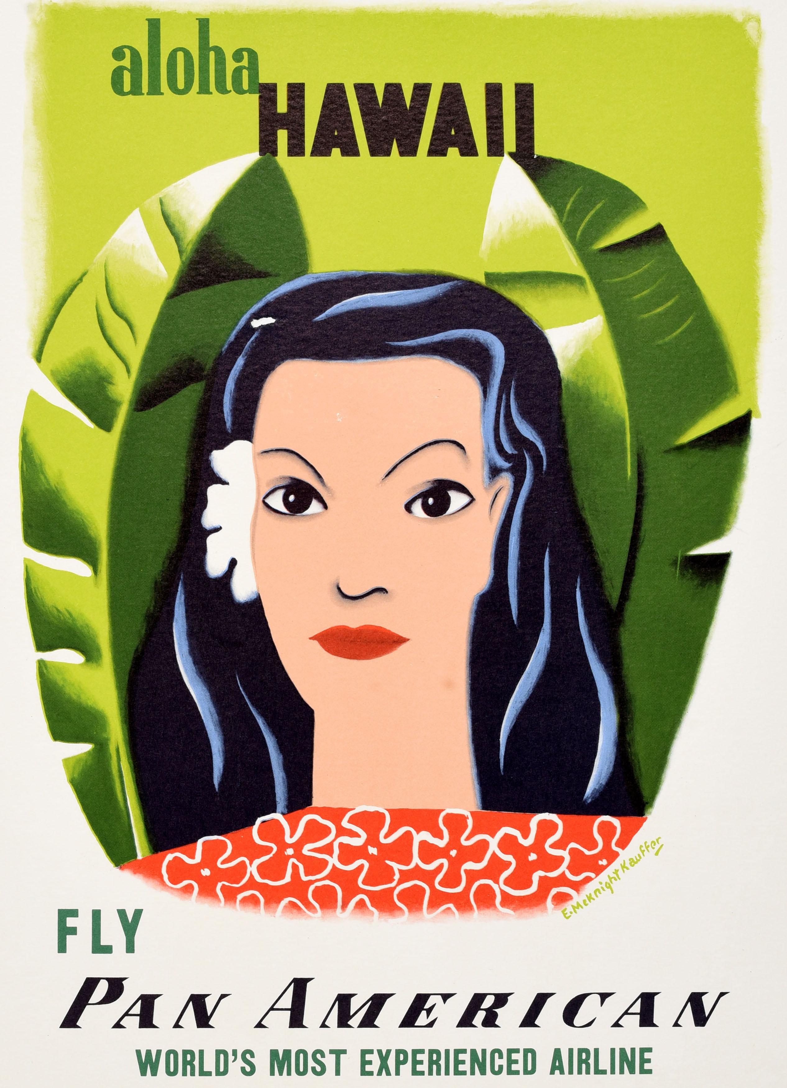Original vintage PanAm travel advertising poster - Aloha Hawaii Fly Pan American World's Most Experienced Airline - featuring a bright and colourful illustration by the notable graphic designer Edward McKnight Kauffer (1890-1954) showing a lady