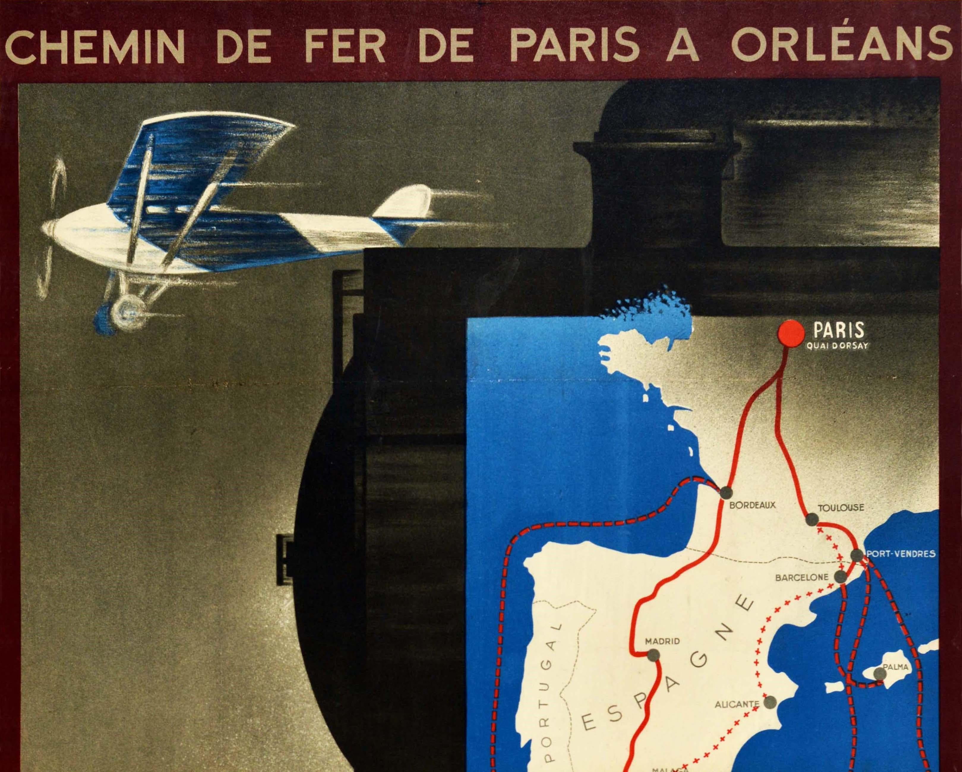 Original vintage French railway travel poster - Chemins de Fer de Paris a Orleans Les Bonnes Relations France Algerie Maroc / Good Relations France Algeria Morocco - featuring a dynamic Art Deco design showing a plane and train travelling at speed