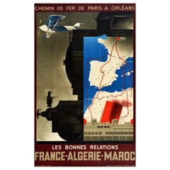 Original Vintage Paris Orleans Railway Poster France Algeria Morocco Travel Map