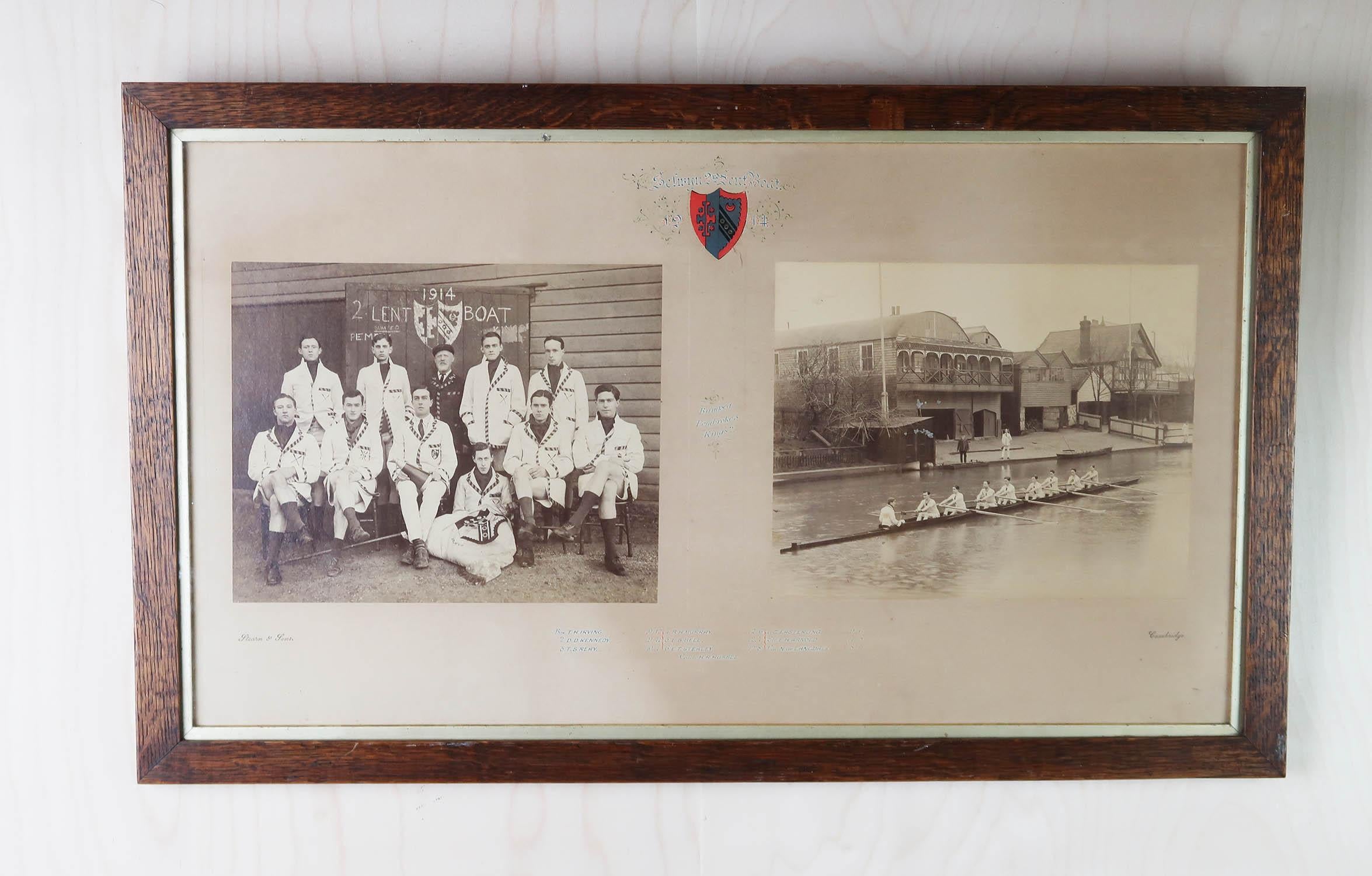 Wonderful photographs of a Cambridge rowing team

Albumen prints laid down on card

Photograph by Stearn, Cambridge. Dated 1914

Original oak frame

Slight surface loss on the boat house area

Free UK shipping



