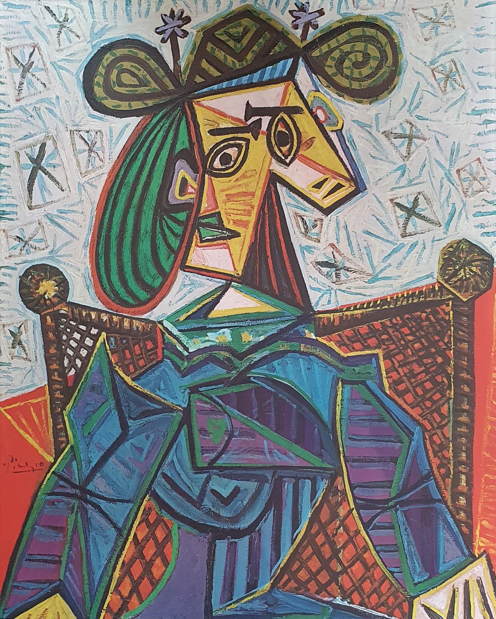 Poster offset originale d'epoca stampato per la mostra dell'artista Picasso al Louisiana Museum,  Danimarca. Stampato in 10.000 copie. 
Nel 1968, il Louisiana Museum of Modern Art in Danimarca ospitò una straordinaria mostra con le opere iconiche