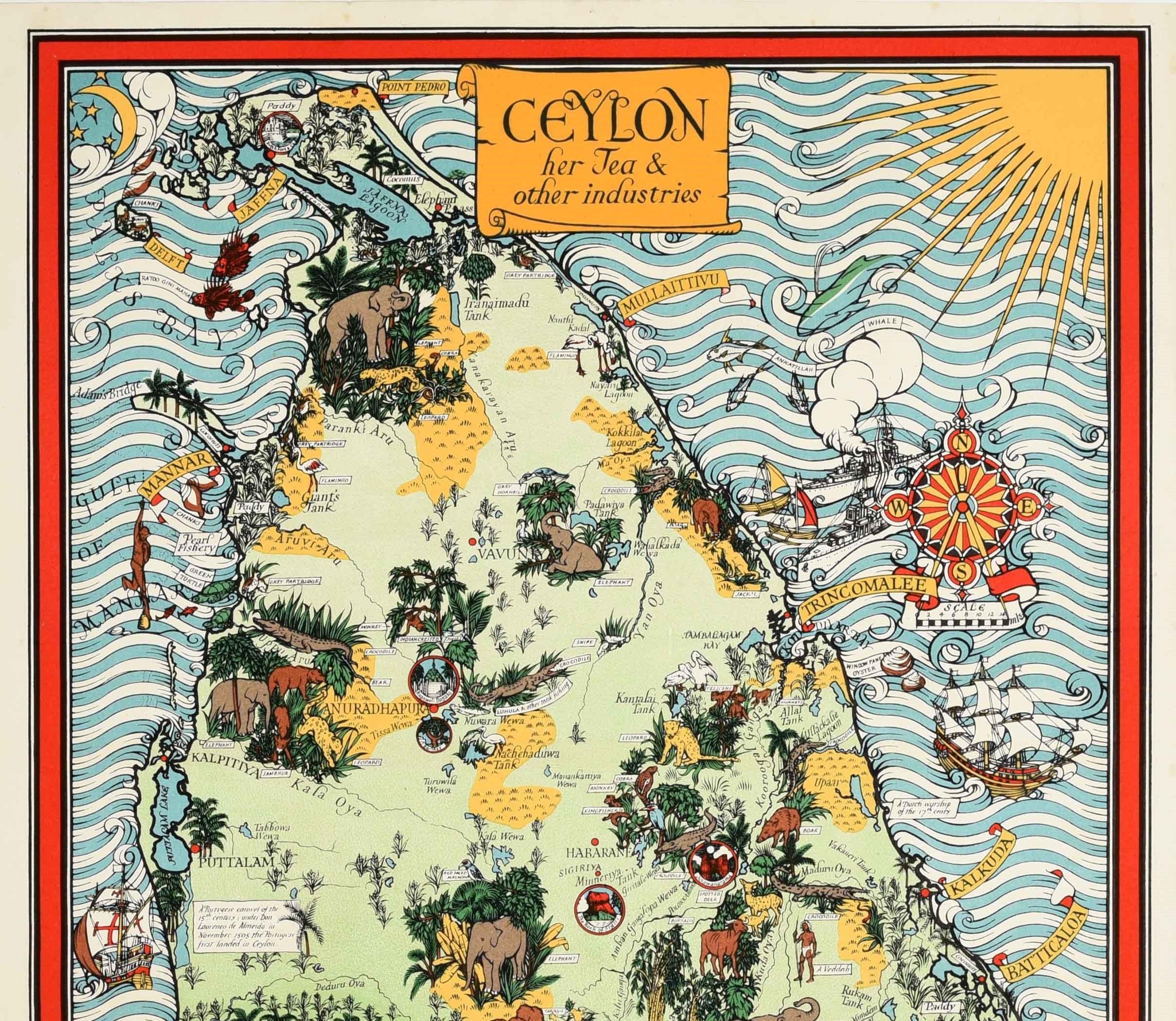 Original vintage pictorial map poster for Ceylon Her Tea & Other Industries featuring artwork by the notable British cartographer, graphic designer and artist Leslie MacDonald 
