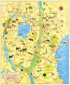 Original Vintage Pictorial Map Poster East Africa Land Of Sunshine Map Animals