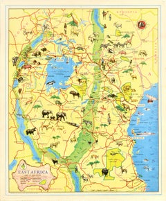 Original Vintage Pictorial Map Poster East Africa Land Of Sunshine Map Animals