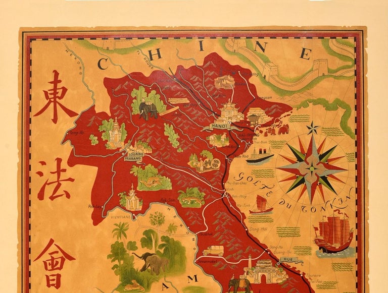 Original vintage rare poster for French Indochina featuring a pictorial map design by Lucien Boucher (1889-1971) - Indo Chine Francais - marking the main towns, cities, rivers and neighbouring countries, featuring various places of historical