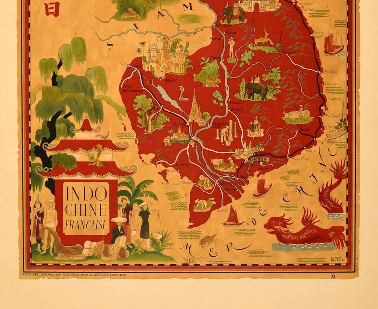 Original Vintage Pictorial Map Poster French Indochina Asia Indochine Francais In Good Condition For Sale In London, GB
