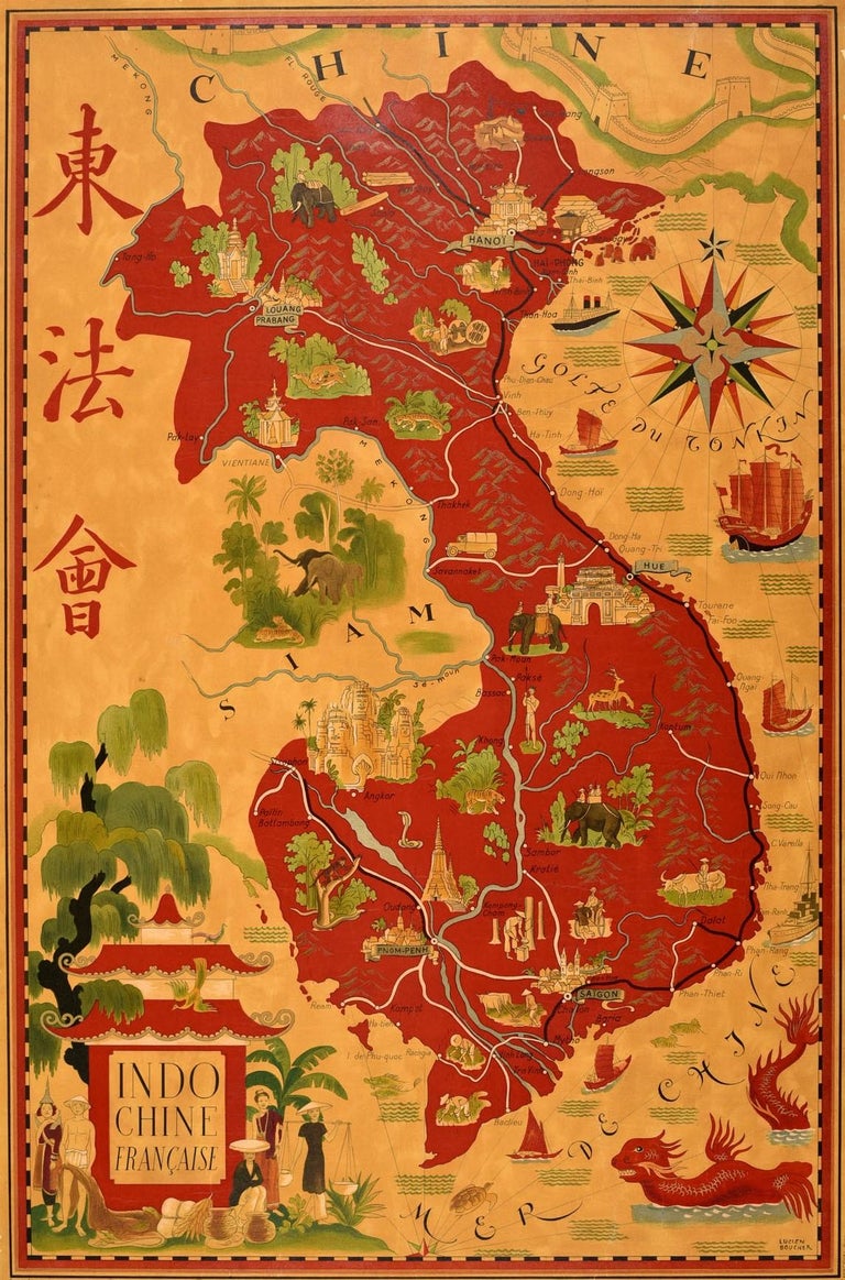 Mid-20th Century Original Vintage Pictorial Map Poster French Indochina Asia Indochine Francais For Sale