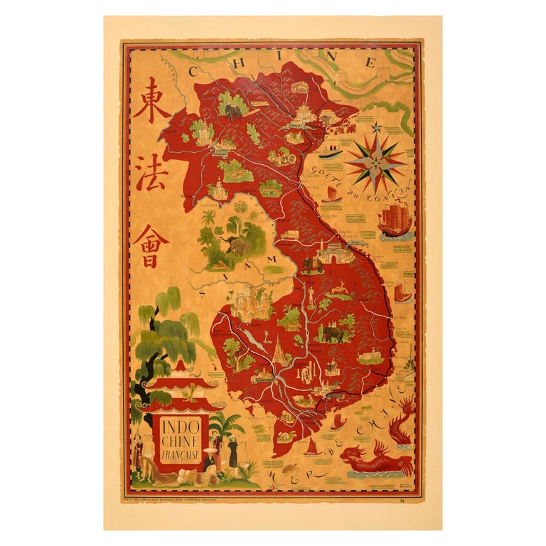 Original Vintage Pictorial Map Poster French Indochina Asia Indochine Francais For Sale