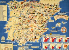 Original Vintage Pictorial Map Poster Spanish Civil War Franco Victory Spain