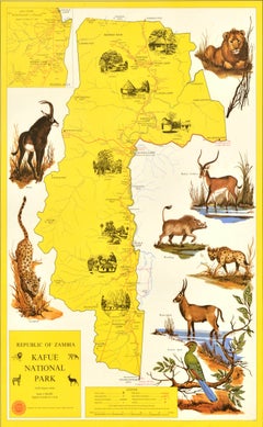 Original Vintage Pictorial Safari Map Poster Kafue National Park Zambia Africa