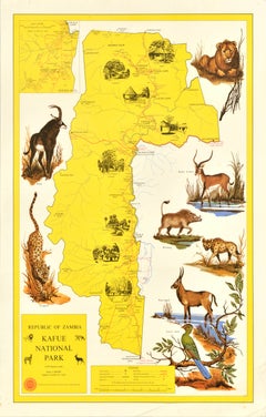 Original Vintage Pictorial Safari Map Poster Kafue National Park Zambia Africa