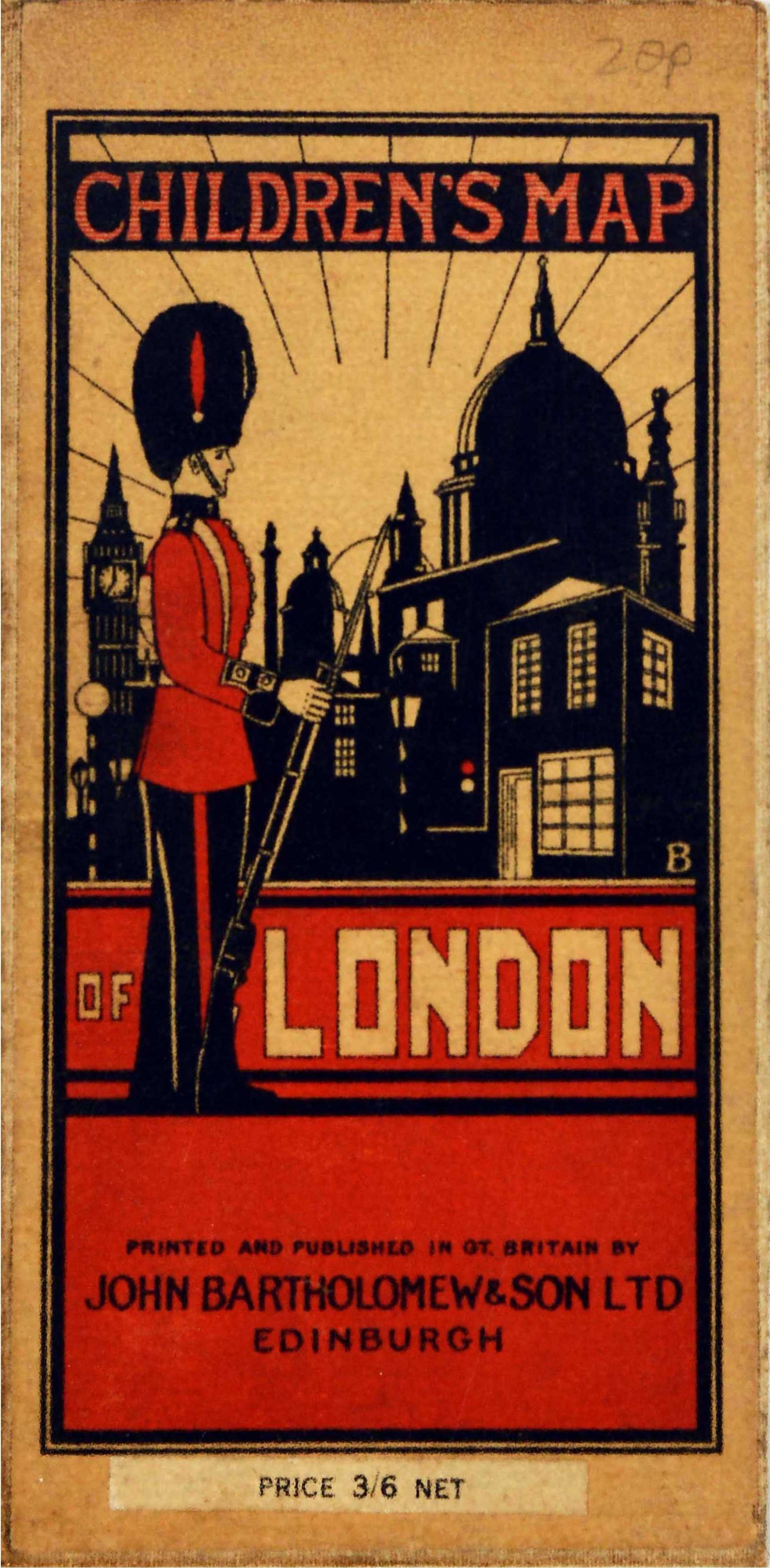 Affiche originale de carte de voyage dépliante - Children's Map of London - présentant les rues, les parcs, les voies ferrées et la Tamise, ainsi que des images des principaux lieux d'intérêt, des attractions touristiques et des bâtiments