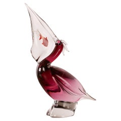 Original Escultura Vintage Pelícano Rosa de Cristal de Murano, Hecha a Mano en Italia en stock