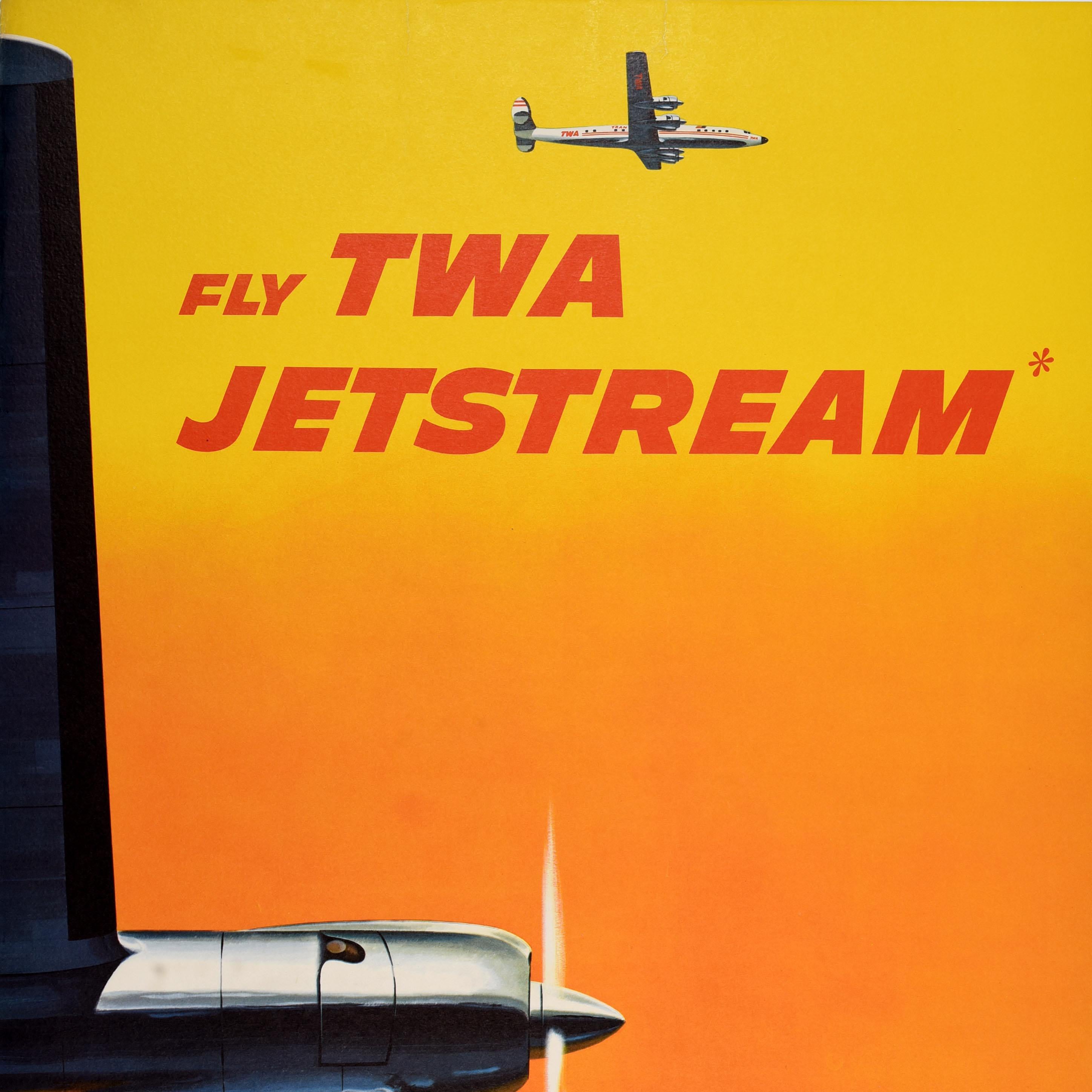 Original vintage travel advertising poster for Trans World Airlines - Fly TWA Jetstream - featuring a stunning design by the notable poster artist Frank Soltesz (1898-1972) depicting a close up view of the wing and propellers of a passenger plane