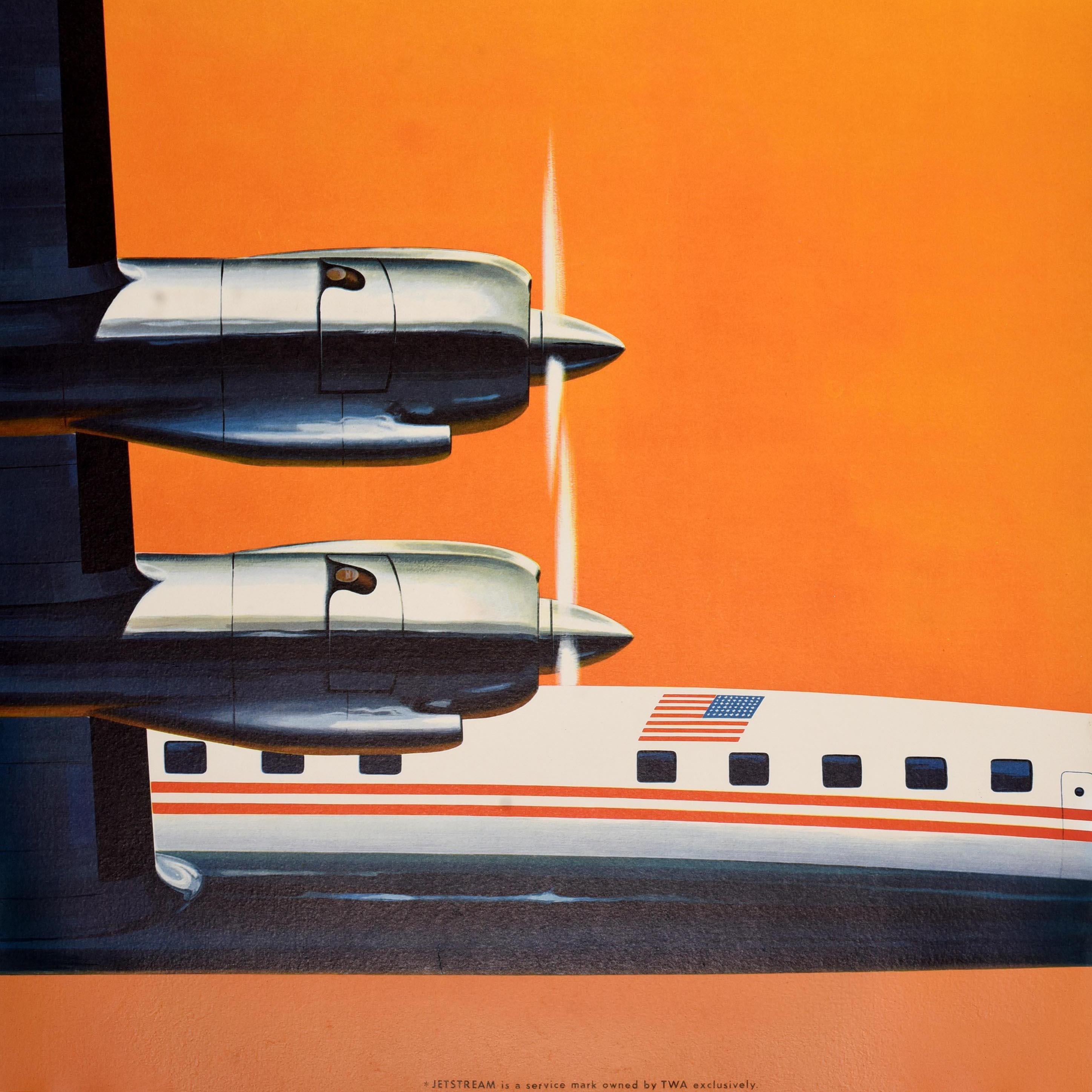 American Original Vintage Plane Travel Poster Fly TWA Jetstream Airline Frank Soltesz For Sale