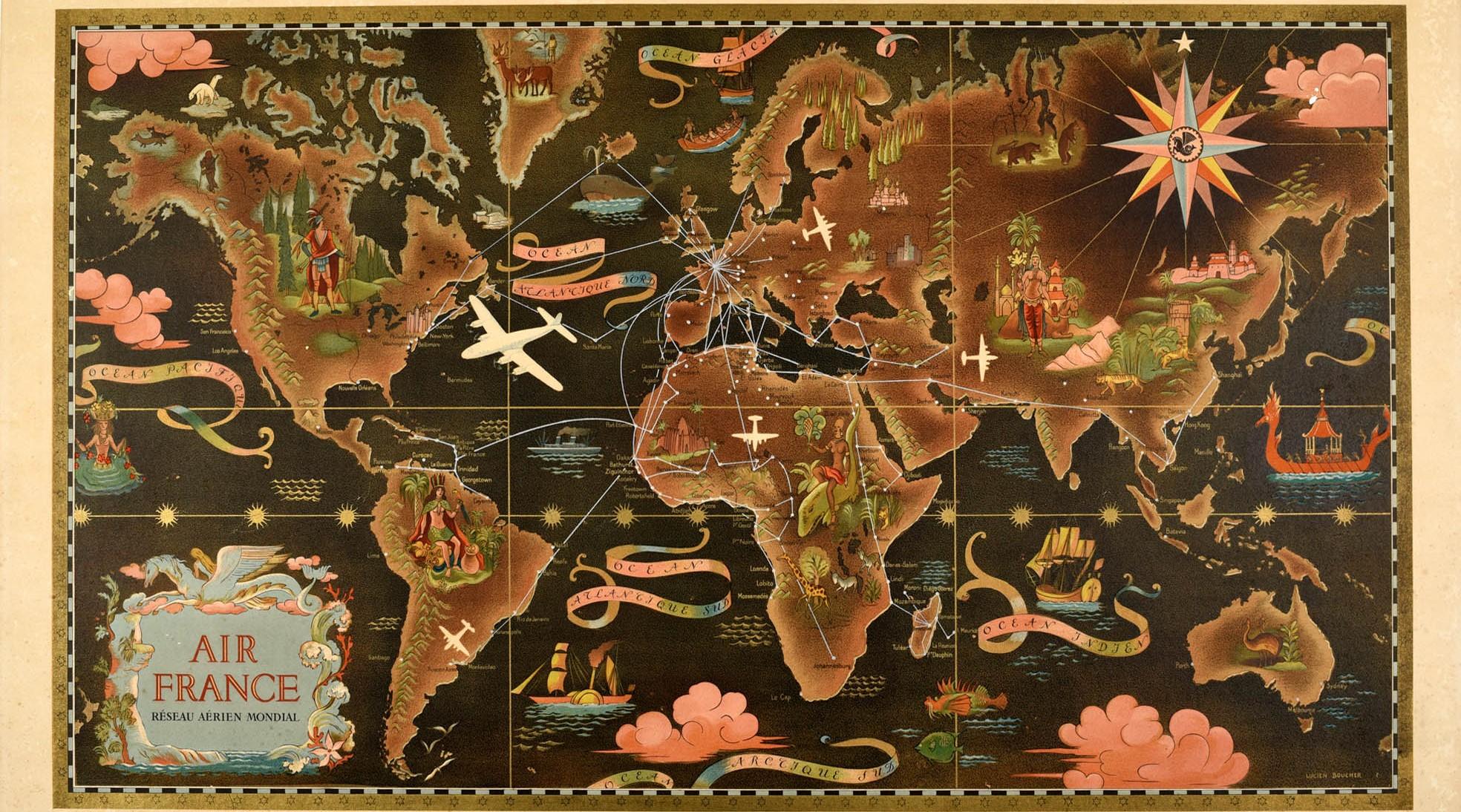 Affiche originale de planisphère pour la promotion du Réseau Aérien Mondial d'Air France, le réseau aérien mondial de la compagnie aérienne nationale française. Dessin de Lucien Boucher (1889-1971) représentant une carte du monde illustrée d'un