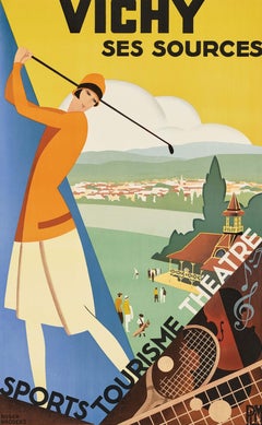 Original Vintage PLM Paris Lyon Mediterranee Railway Travel Poster Vichy Golf