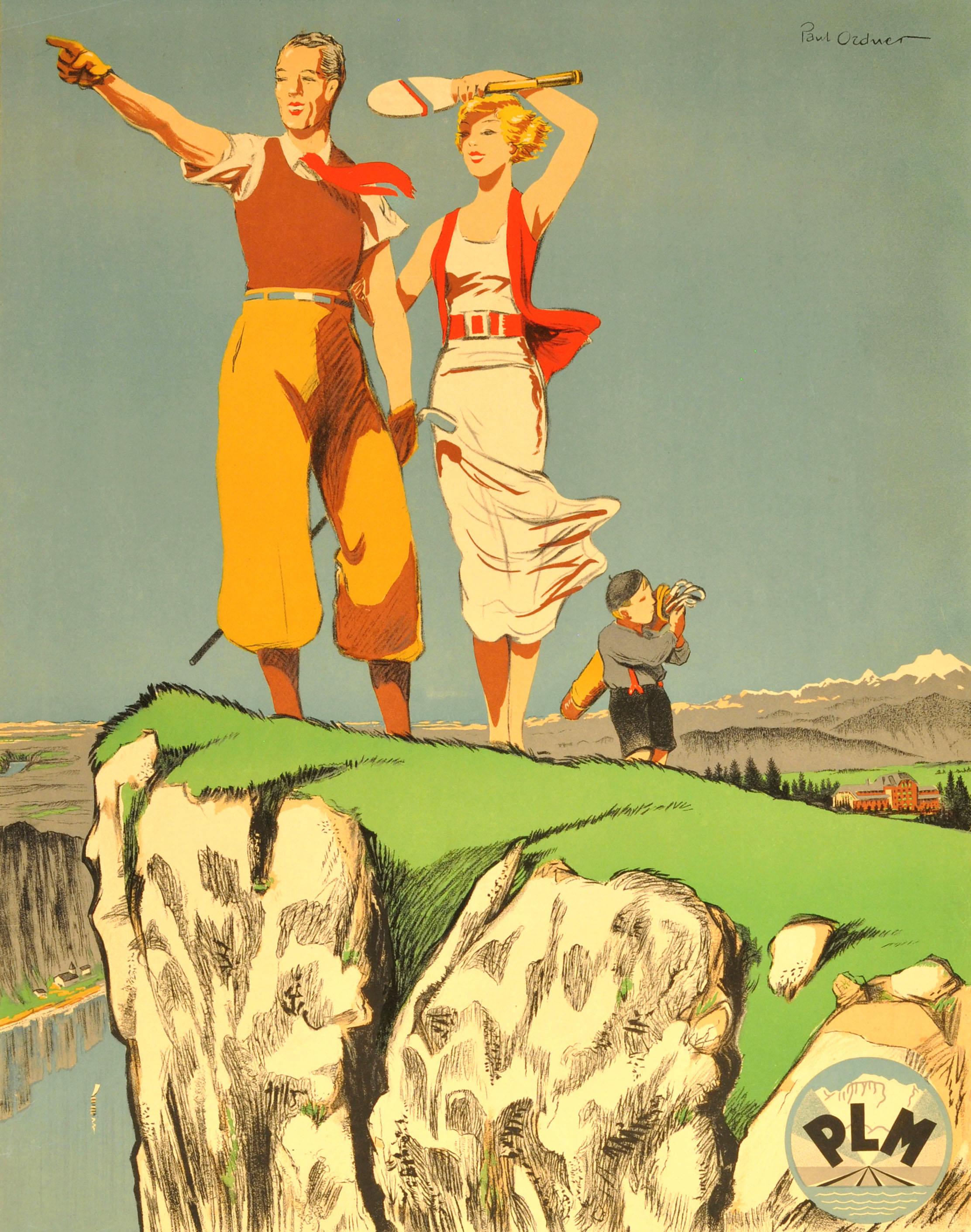 Original vintage Paris Lyon Mediterranee PLM railway poster for Mont Revard a 1550m par Aix-le-Bains Savoie Sport Confort Repos / Sport Comfort Rest - featuring artwork by Paul Ordner (1900-1969) of a couple standing on the edge of a mountain cliff