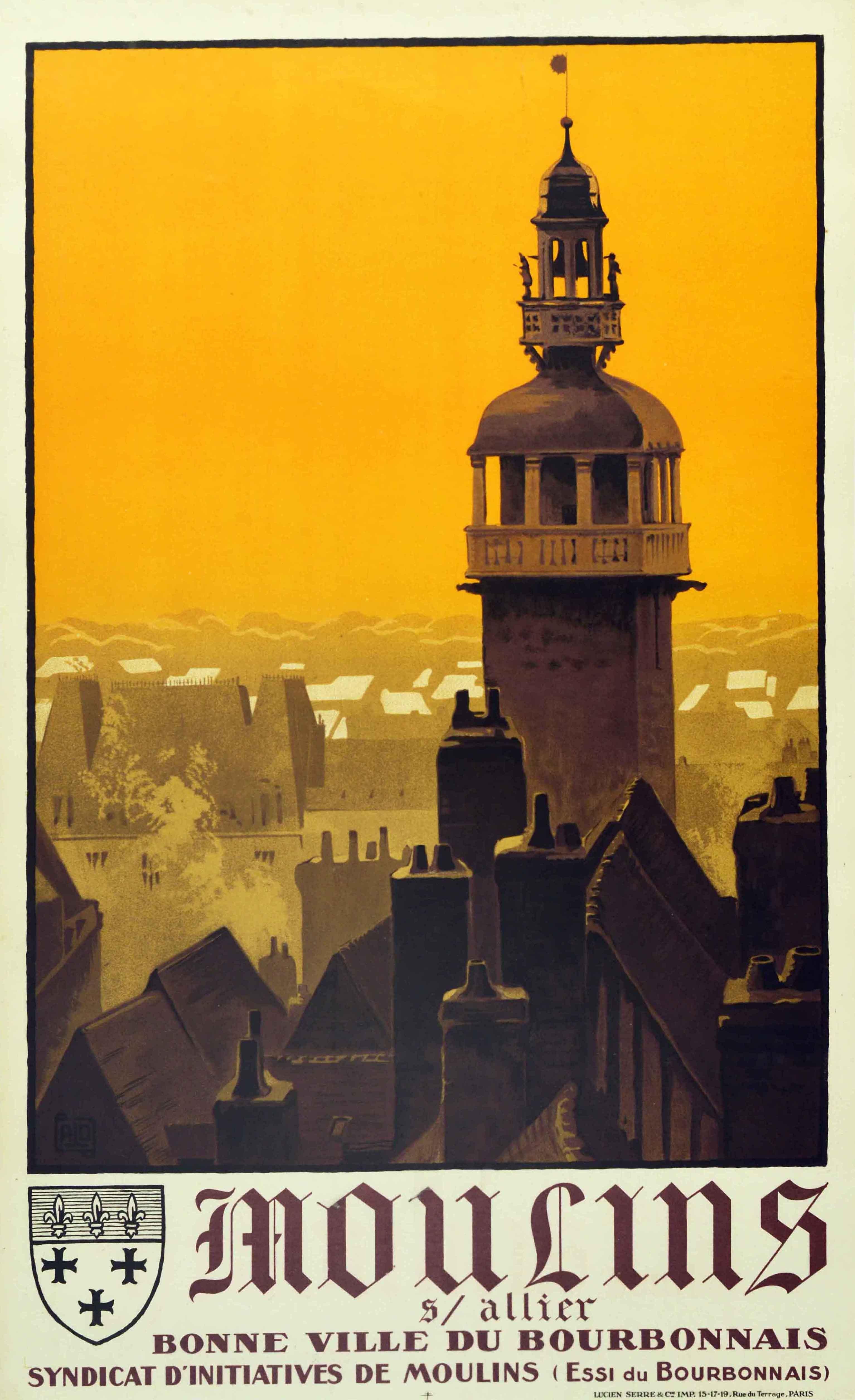 Original antique travel poster for Moulins sur Allier Bonne Ville du Bourbonnais issued by the PLM Paris Lyon Mediterranee railway depicting a stunning view of the town showing the historic old rooftops and smoke rising from the chimneys with the