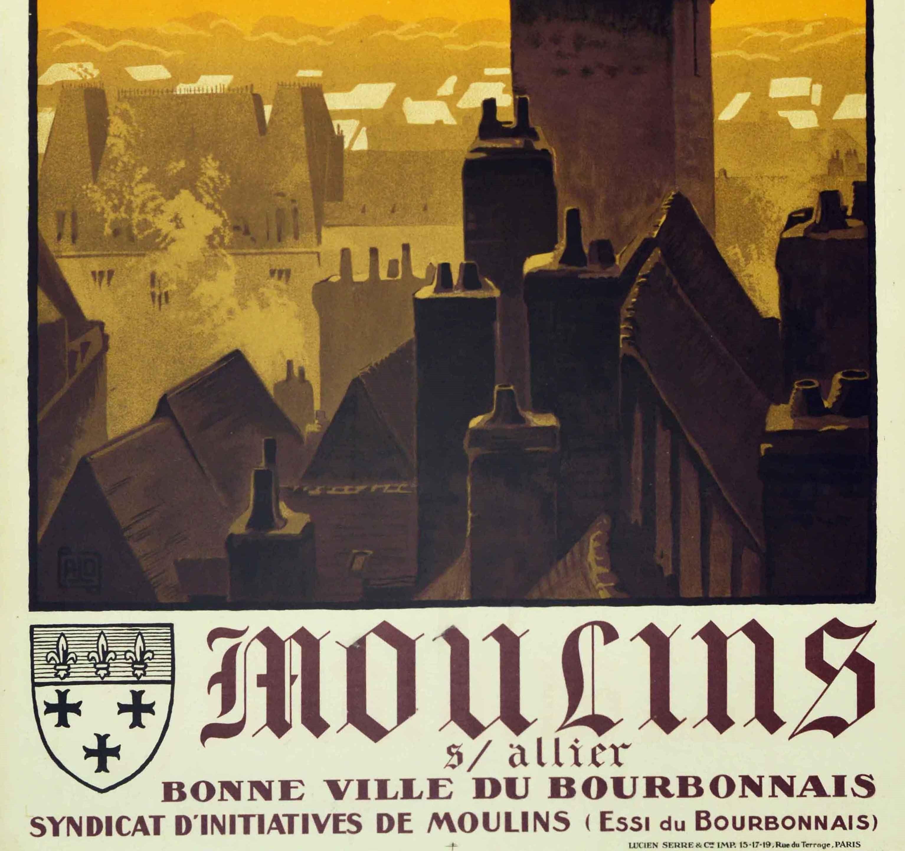 Original Vintage PLM Railway Poster Moulins Sur Allier Jacquemart Bell Tower Art In Good Condition In London, GB