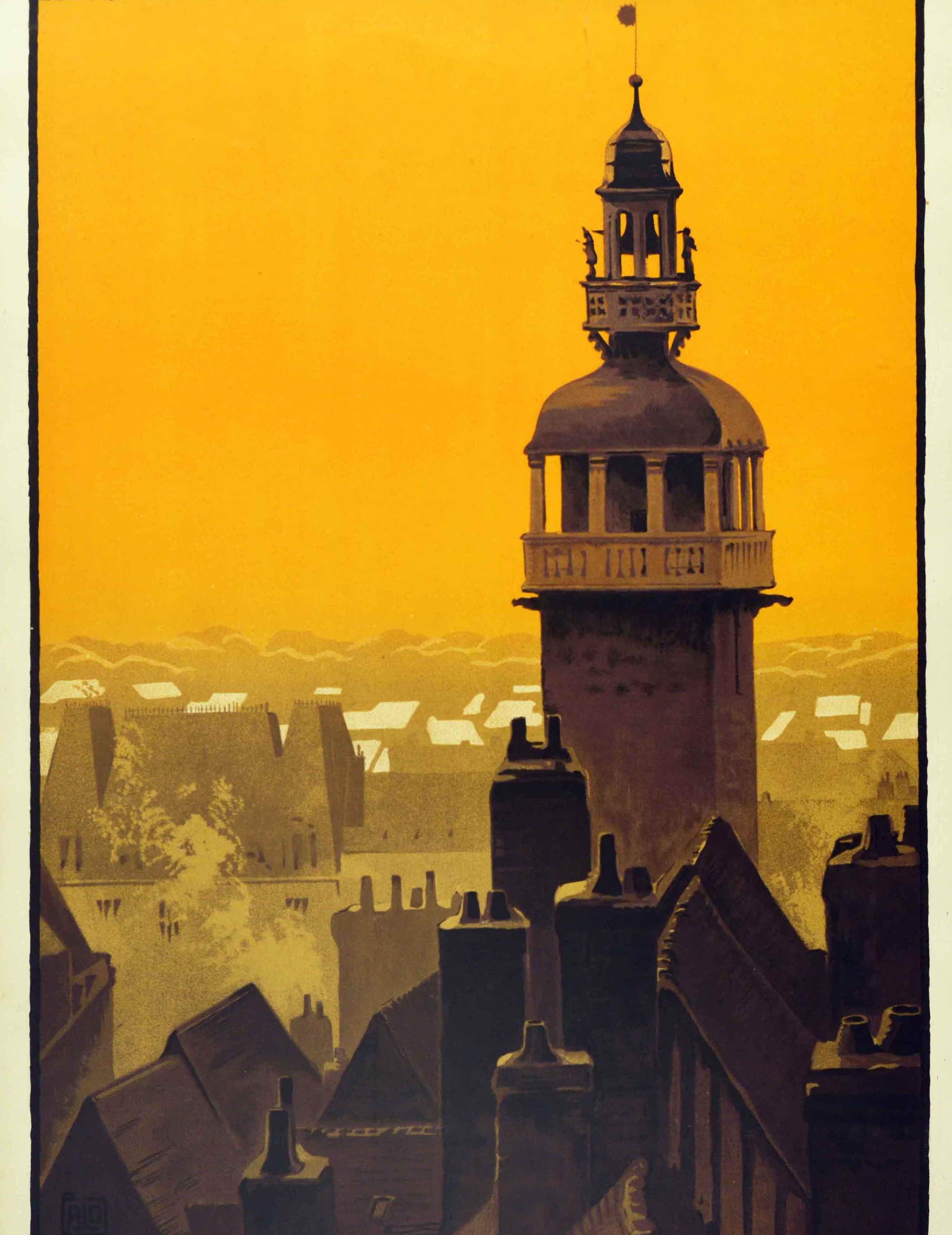 Early 20th Century Original Vintage PLM Railway Poster Moulins Sur Allier Jacquemart Bell Tower Art