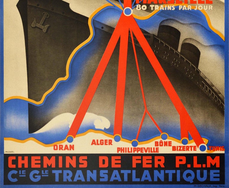 Art Deco Original Vintage PLM Railway Poster Paris Algeria Europe North Africa Route Map For Sale