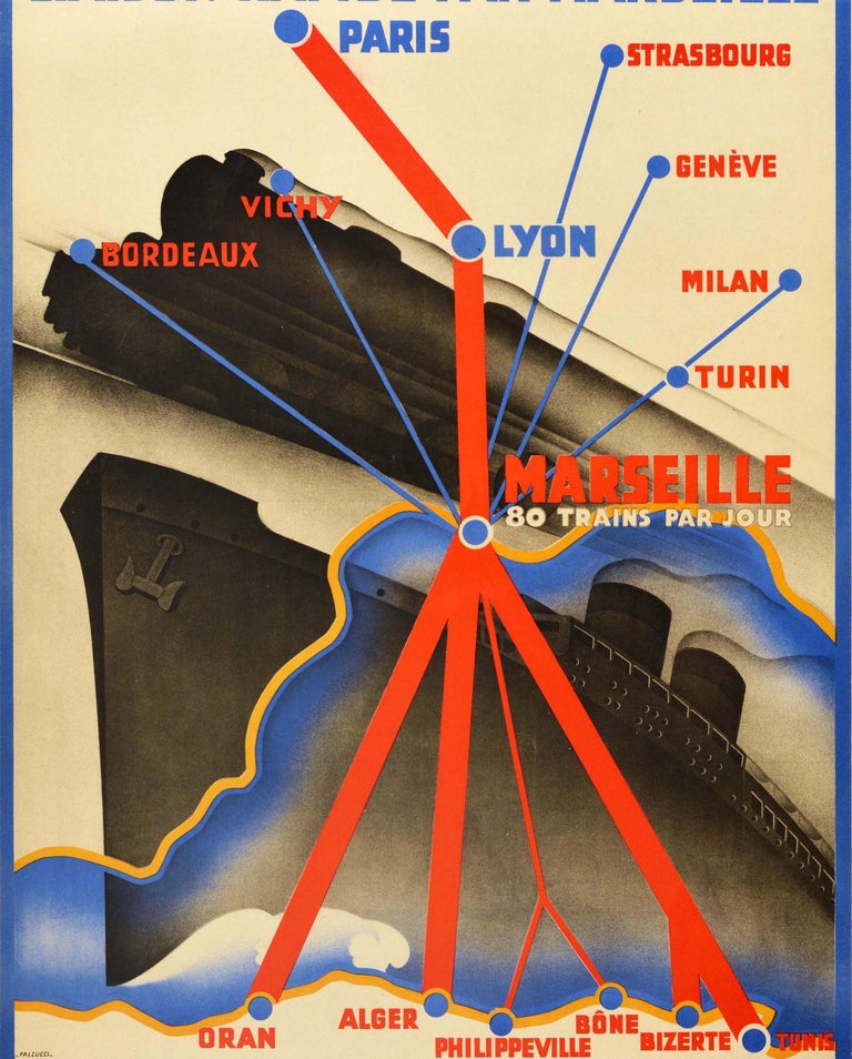 French Original Vintage PLM Railway Poster Paris Algeria Europe North Africa Route Map For Sale