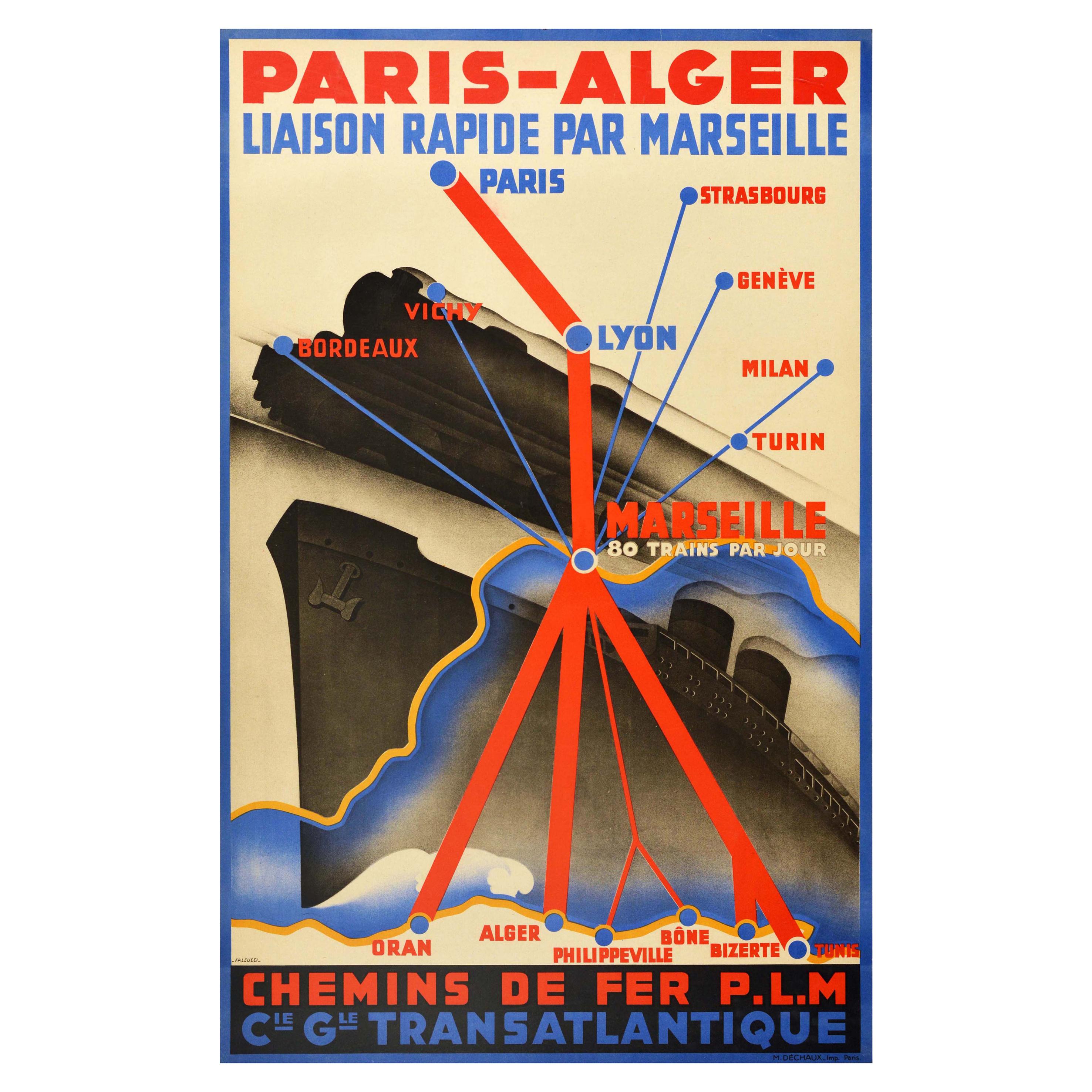 Original Vintage PLM Railway Poster Paris Algeria Europe North Africa Route Map