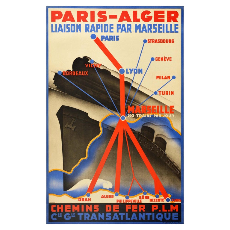 Original Vintage PLM Railway Poster Paris Algeria Europe North Africa Route Map For Sale