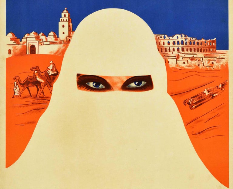 Original vintage PLM railway travel poster - Visitez la Tunisie / Visit Tunisia - featuring a great design by the French artist Jacques Pierre Bellenger (1903-1985) depicting buildings against the deep blue sky with a man leading camels and classic