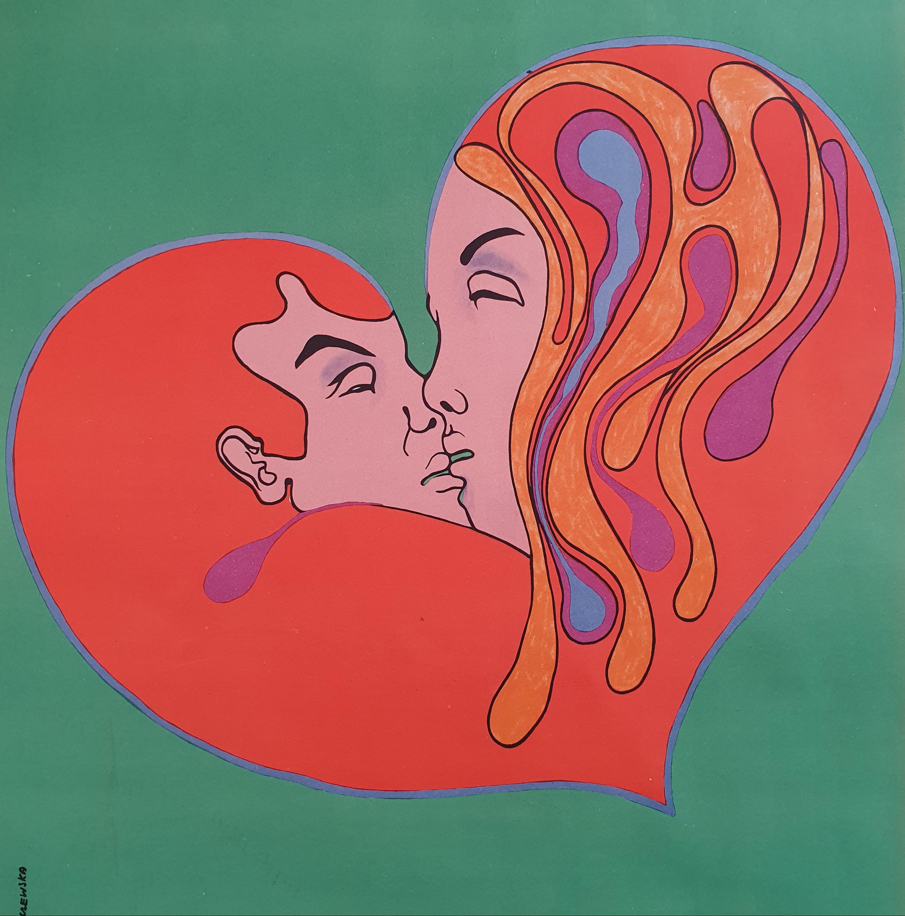 Original vintage Polish movie poster, for the Italian-French Grand Prix-winning movie: Signore e Signori (In english: ´The birds, the bees and the Italians´). Portraying a kissing couple on a green background drawn by Jolanta Karulewska and the film