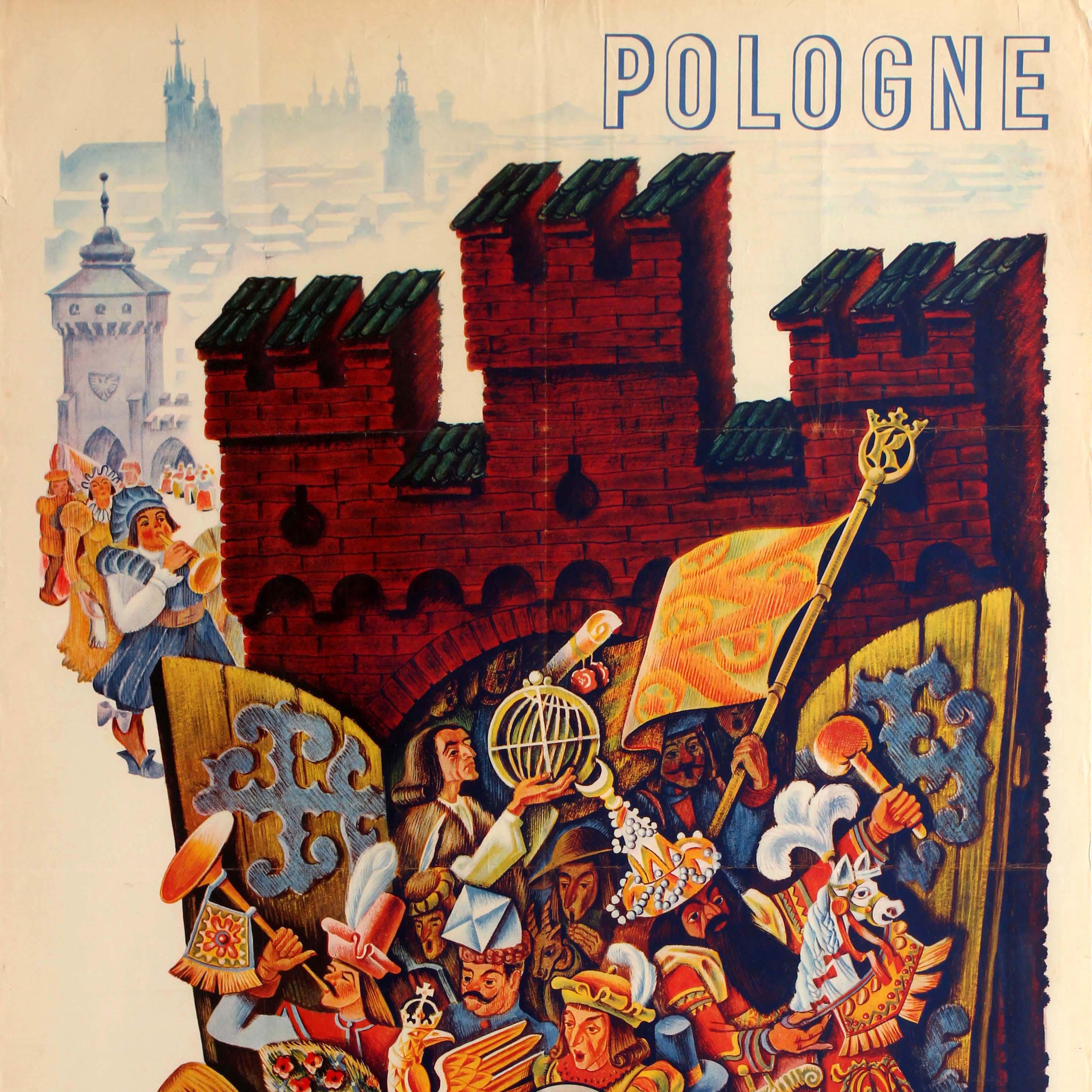 Original-Plakat der Polnischen Staatsbahn zur Werbung für das Krakauer Fest in Polen / Pologne Fetes de Cracovie vom 3. bis 24. Juni 1939 mit einem farbenfrohen Motiv, das Frauen in traditionellen Kleidern und Männer in Volkstrachten und Hüten