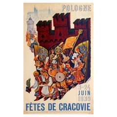 Poster di viaggio originale d'epoca delle Ferrovie dello Stato polacche Festival di Cracovia Polonia