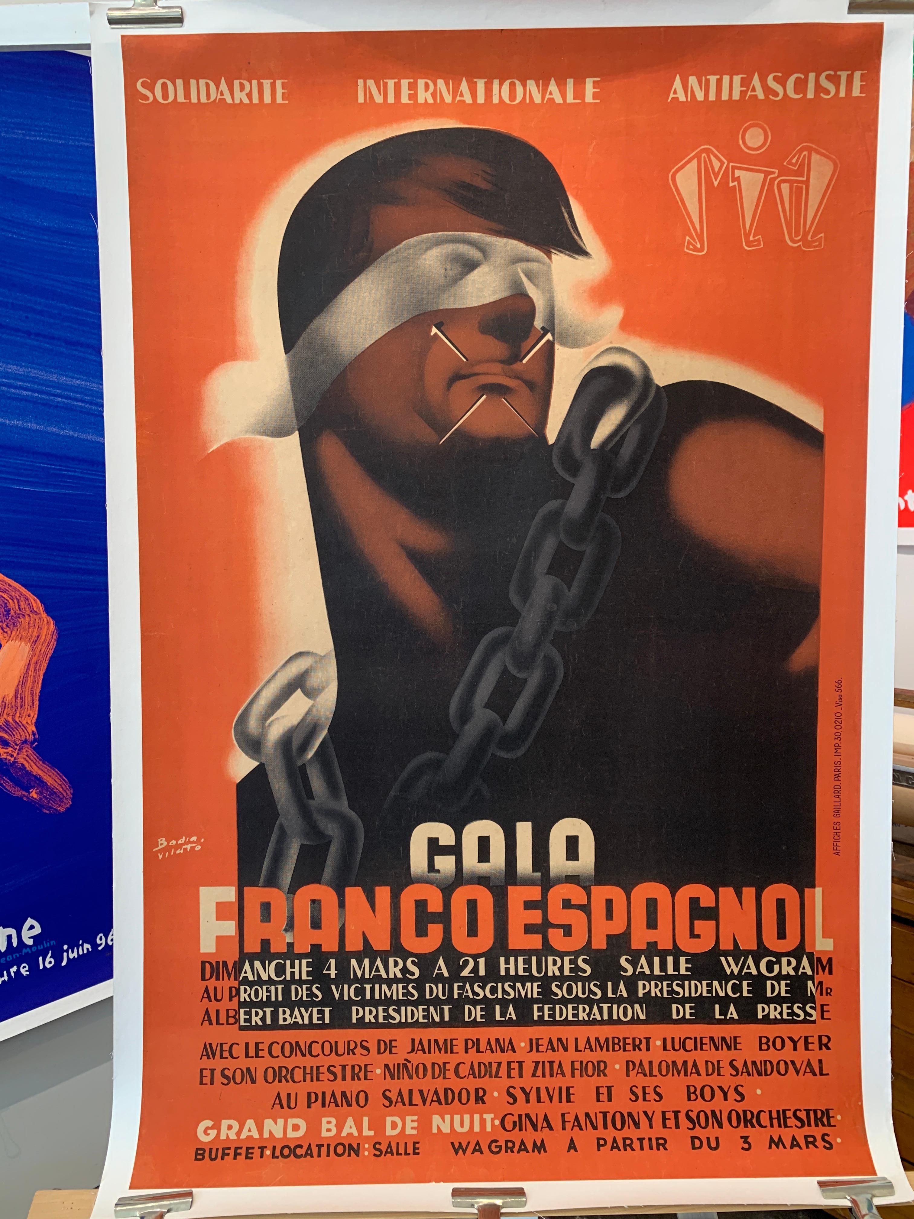 Original Vintage Political Poster, 'GALA FRANCO ESPAGNOL'

This is an original vintage poster depicting Francisco Franco, who lead the Nationalist forces in overthrowing the Second Spanish Republic during the Spanish Civil War and thereafter ruled