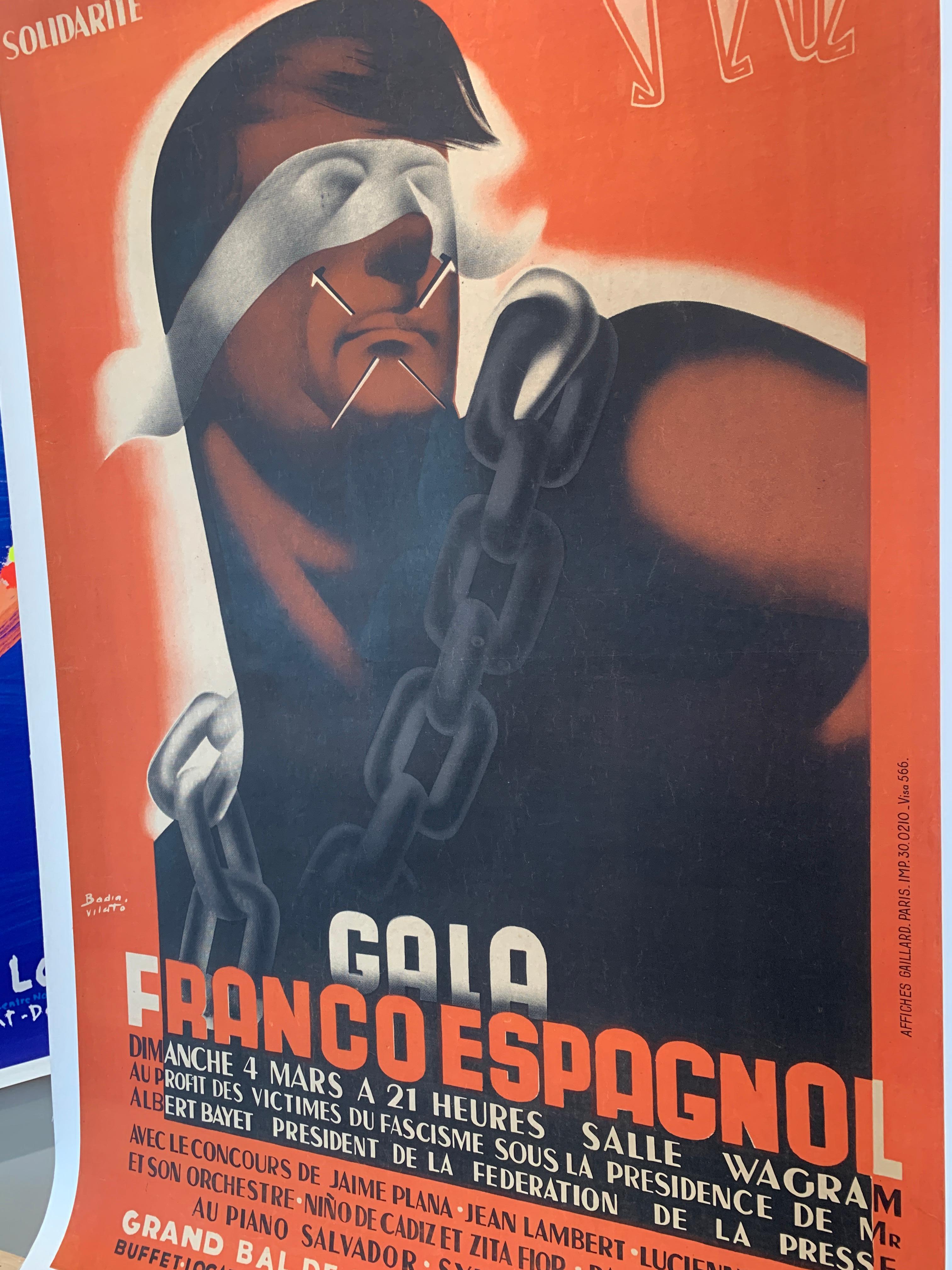 Mid-Century Modern Original Vintage Political Poster, 'GALA FRANCO ESPAGNOL' For Sale