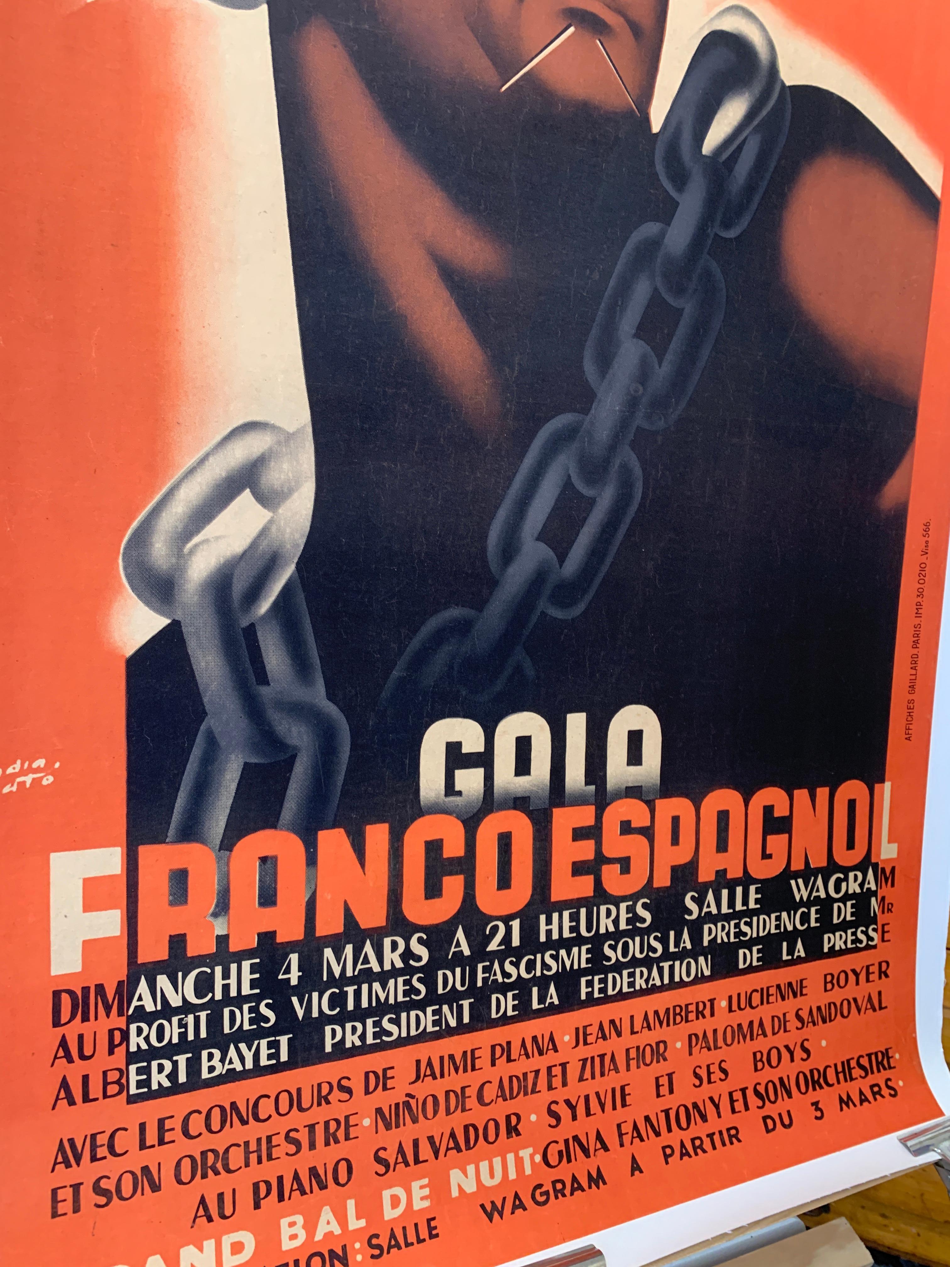 Original Vintage Political Poster, 'GALA FRANCO ESPAGNOL' In Good Condition For Sale In Melbourne, Victoria